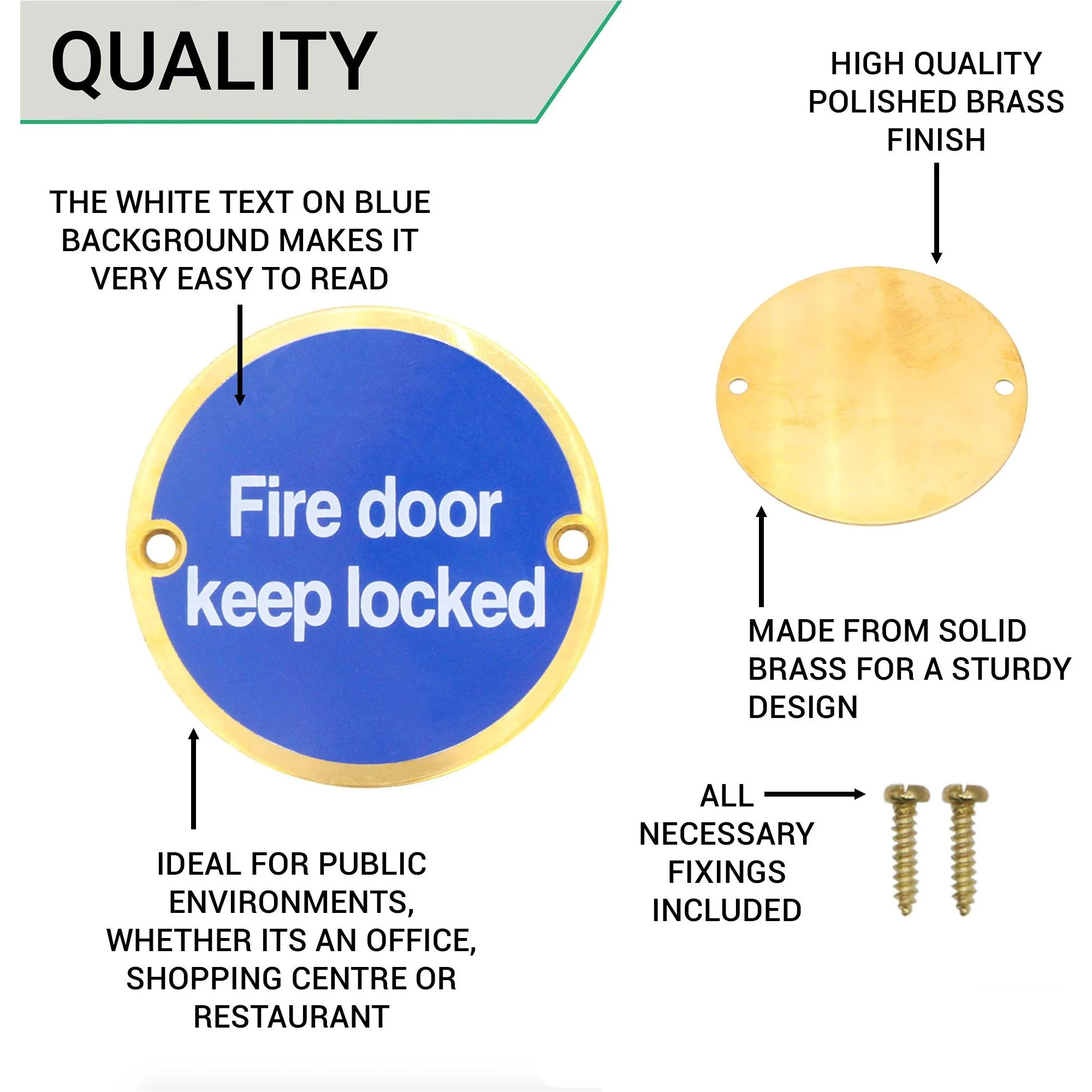 Circular Disc Fire Door Signage - 76mm x 1.5mm - Screw Fixed - Fire Door Keep Locked - Polished Brass - Image 4