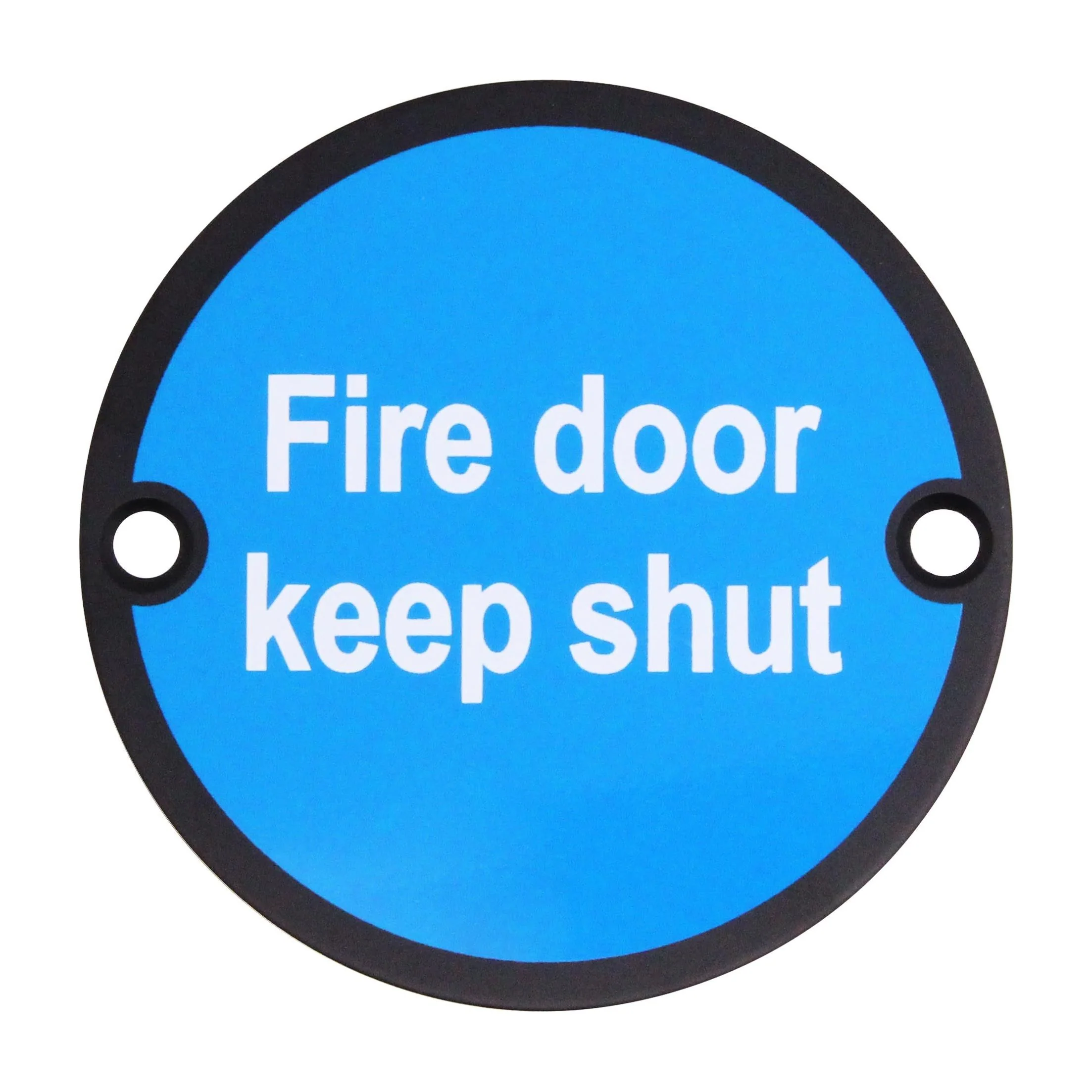 Circular Disc Fire Door Signage - 76mm x 1.5mm - Screw Fixed - Fire Door Keep Shut - Matt Black