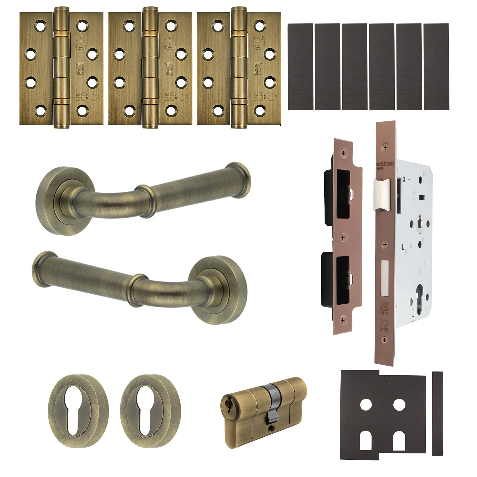 Claro Antique Brass Lever on Rose Door Handle Kit - Heavy Duty FD30/60 - DIN Euro Sashlock and Double Cylinder - Keyed Alike