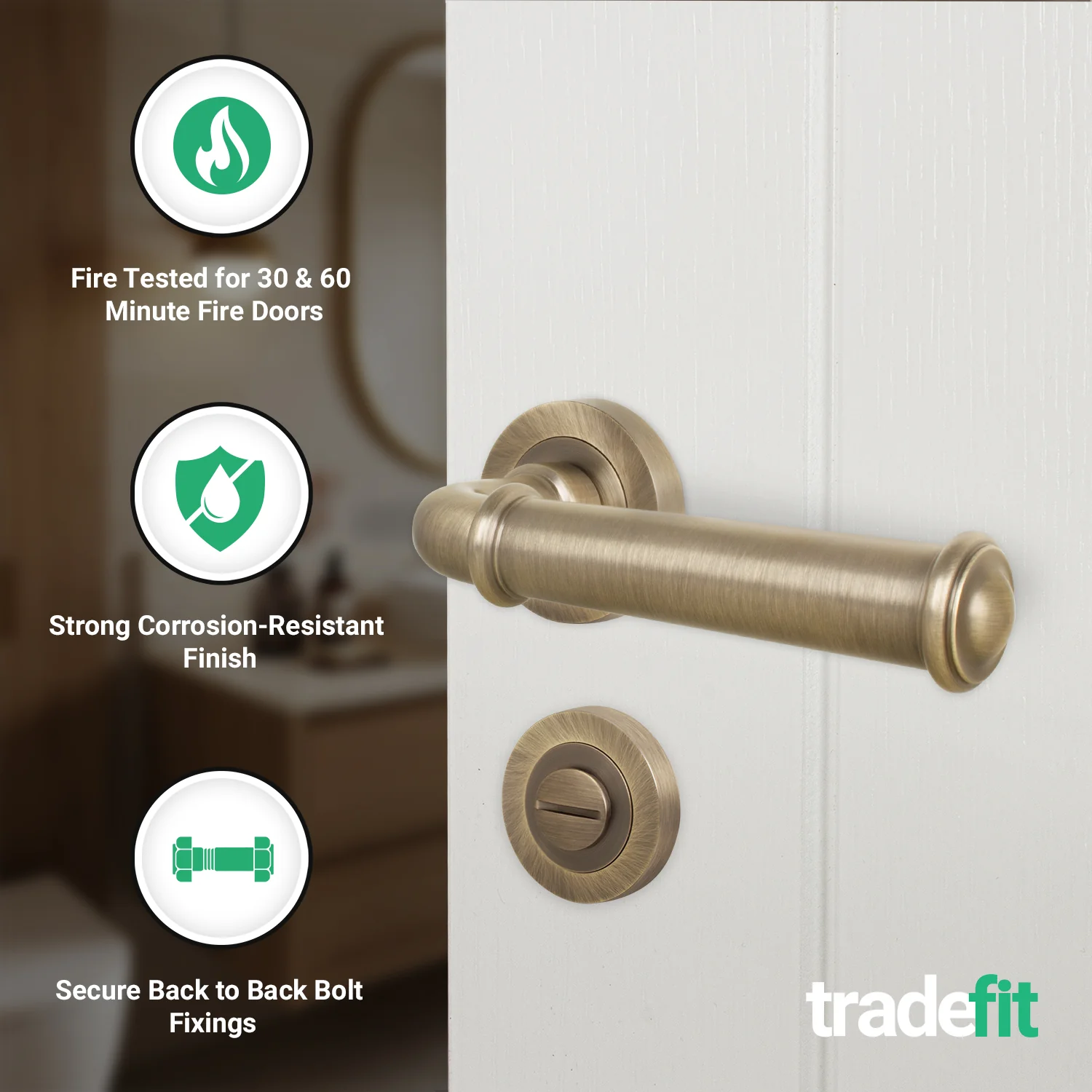 Claro Antique Brass Lever on Rose Door Handle Kit - Medium Duty FD30/60 - 80mm Bathroom Lock - Image 2