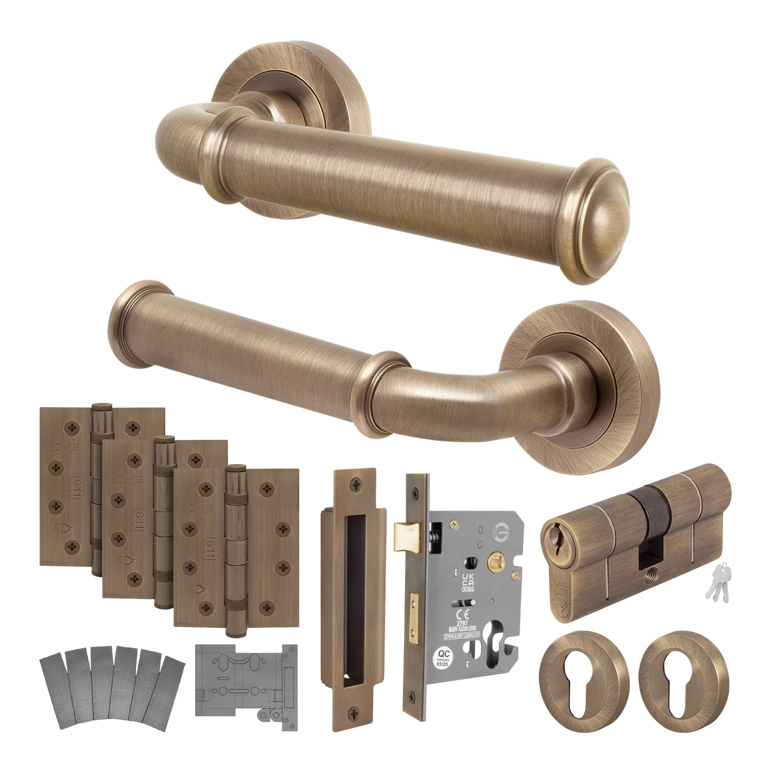 Claro Antique Brass Lever on Rose Door Handle Kit - Medium Duty FD30/60 - 80mm Euro Sashlock and Double Cylinder - Keyed Alike