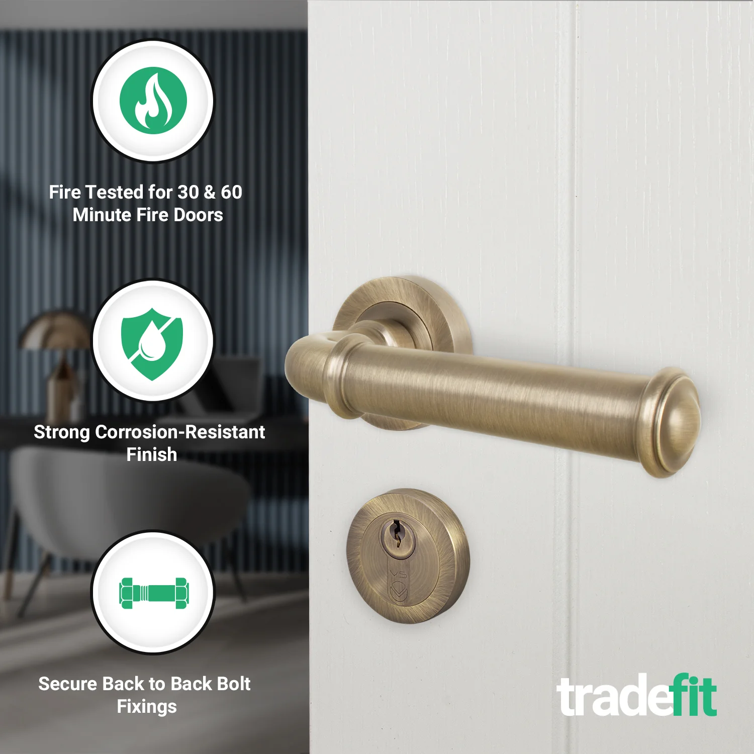 Claro Antique Brass Lever on Rose Door Handle Kit - Medium Duty FD30/60 - 80mm Euro Sashlock and Double Cylinder - Keyed to Differ - Image 2