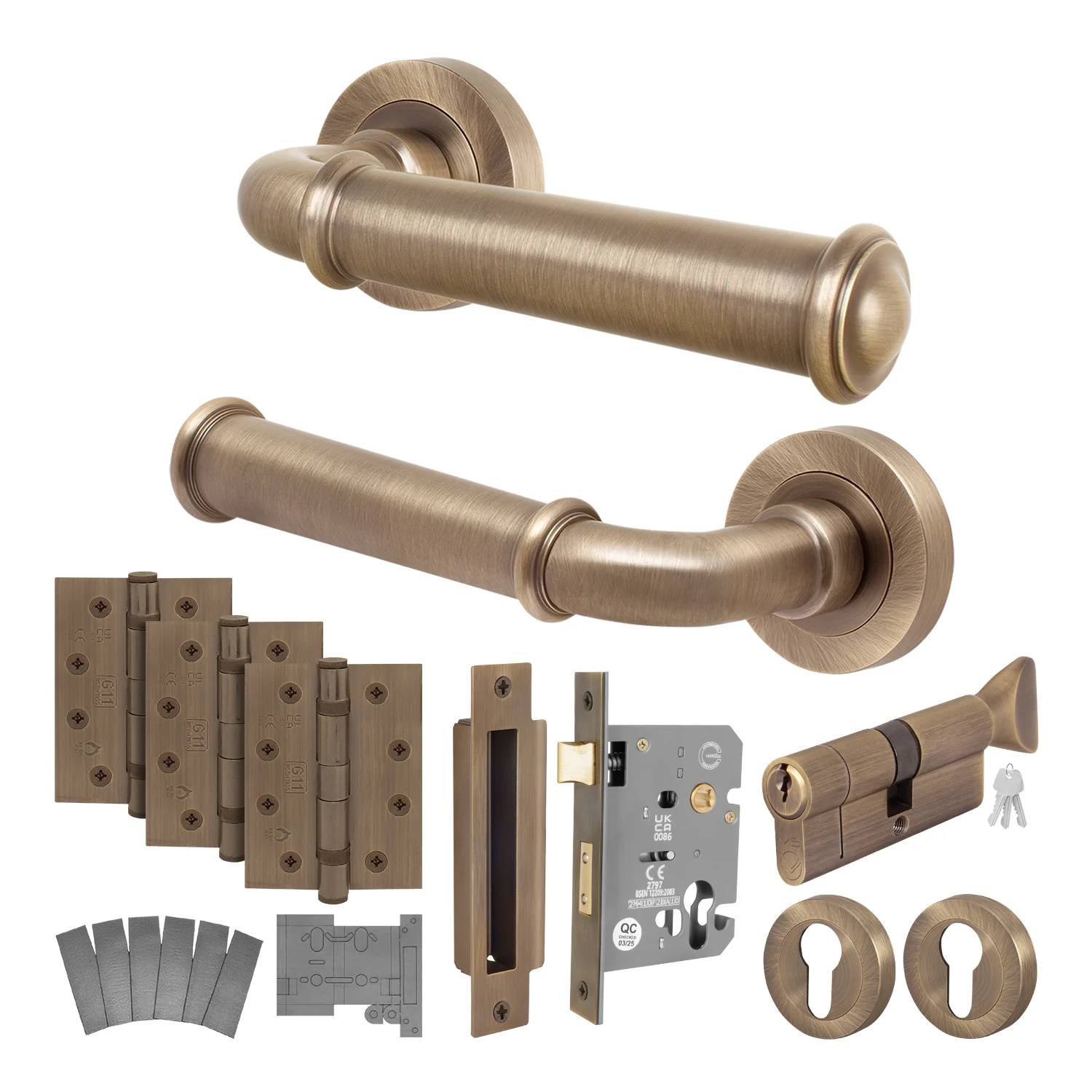 Claro Antique Brass Lever on Rose Door Handle Kit - Medium Duty FD30/60 - 80mm Euro Sashlock and Thumbturn Cylinder - Keyed Alike