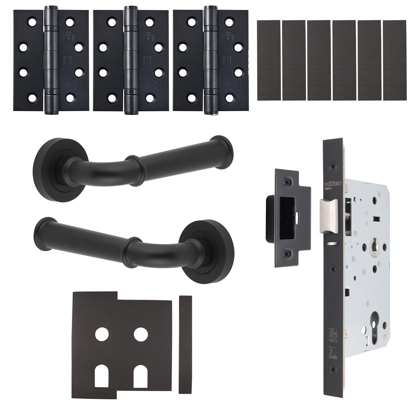 Claro Matt Black Lever on Rose Door Handle Kit - Heavy Duty FD30/60 - DIN Latch