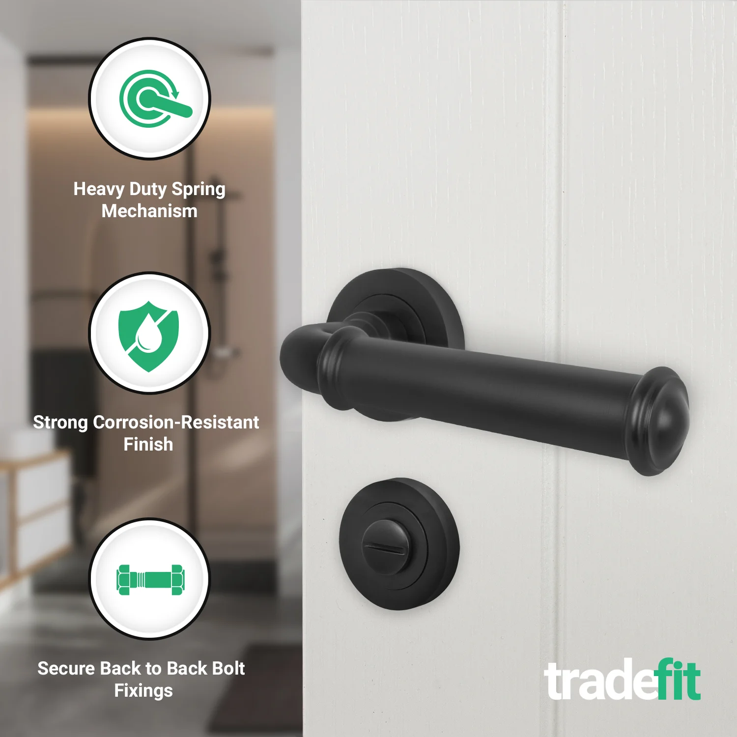 Claro Matt Black Lever on Rose Door Handle Kit - 64mm Bathroom Lock - Image 2
