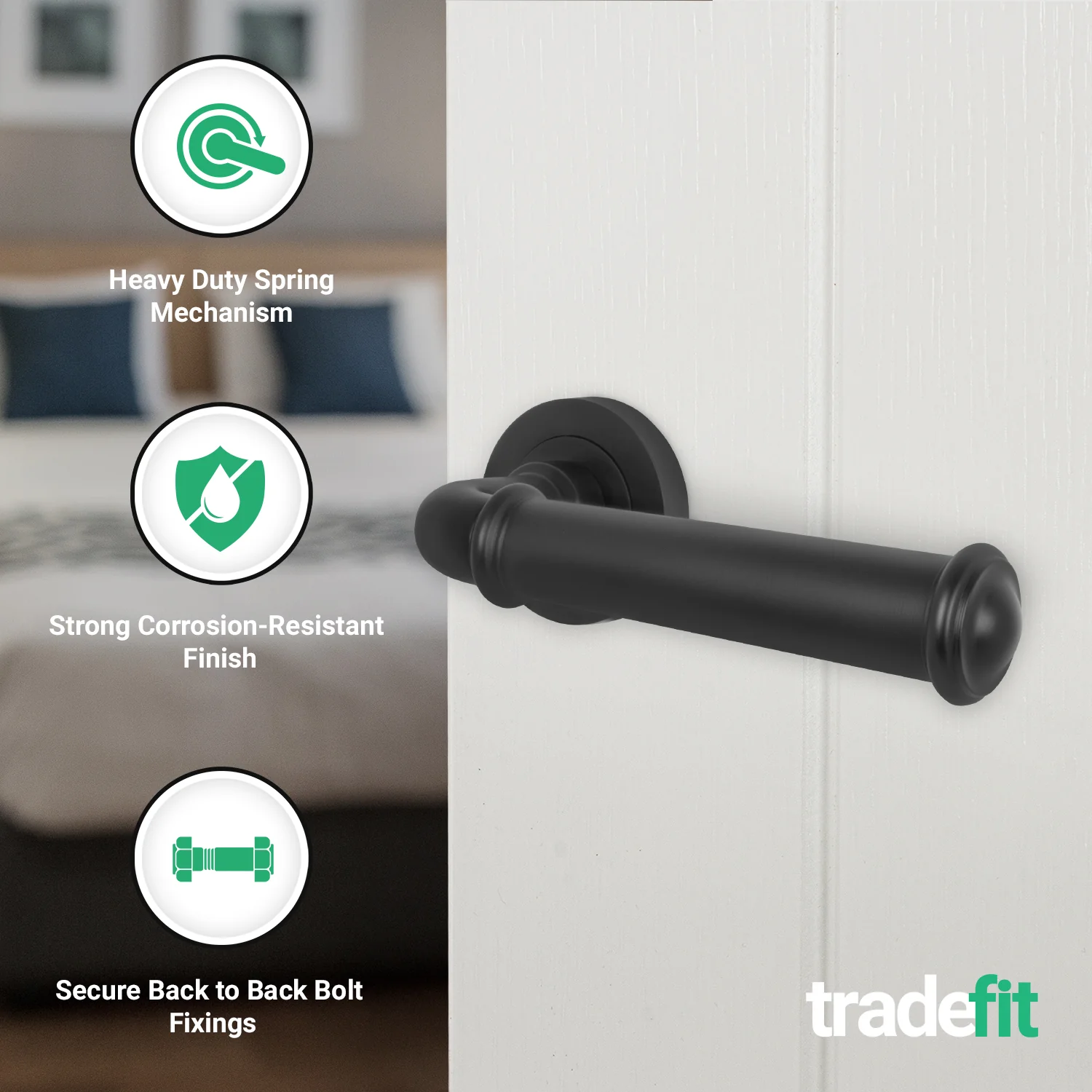 Claro Matt Black Lever on Rose Door Handle Kit - 64mm Latch - Image 2