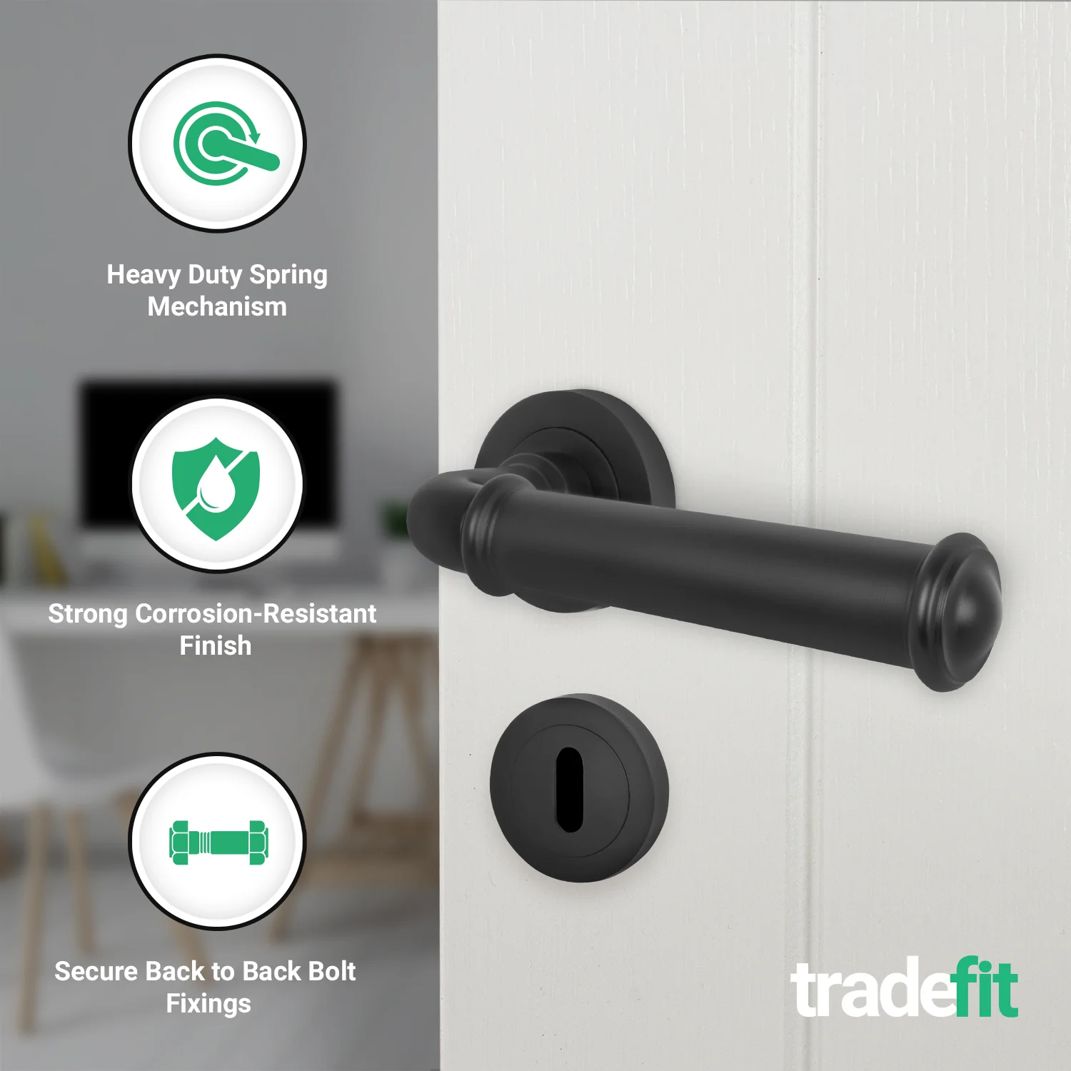 Claro Matt Black Lever on Rose Door Handle Kit - Sashlock - Image 2
