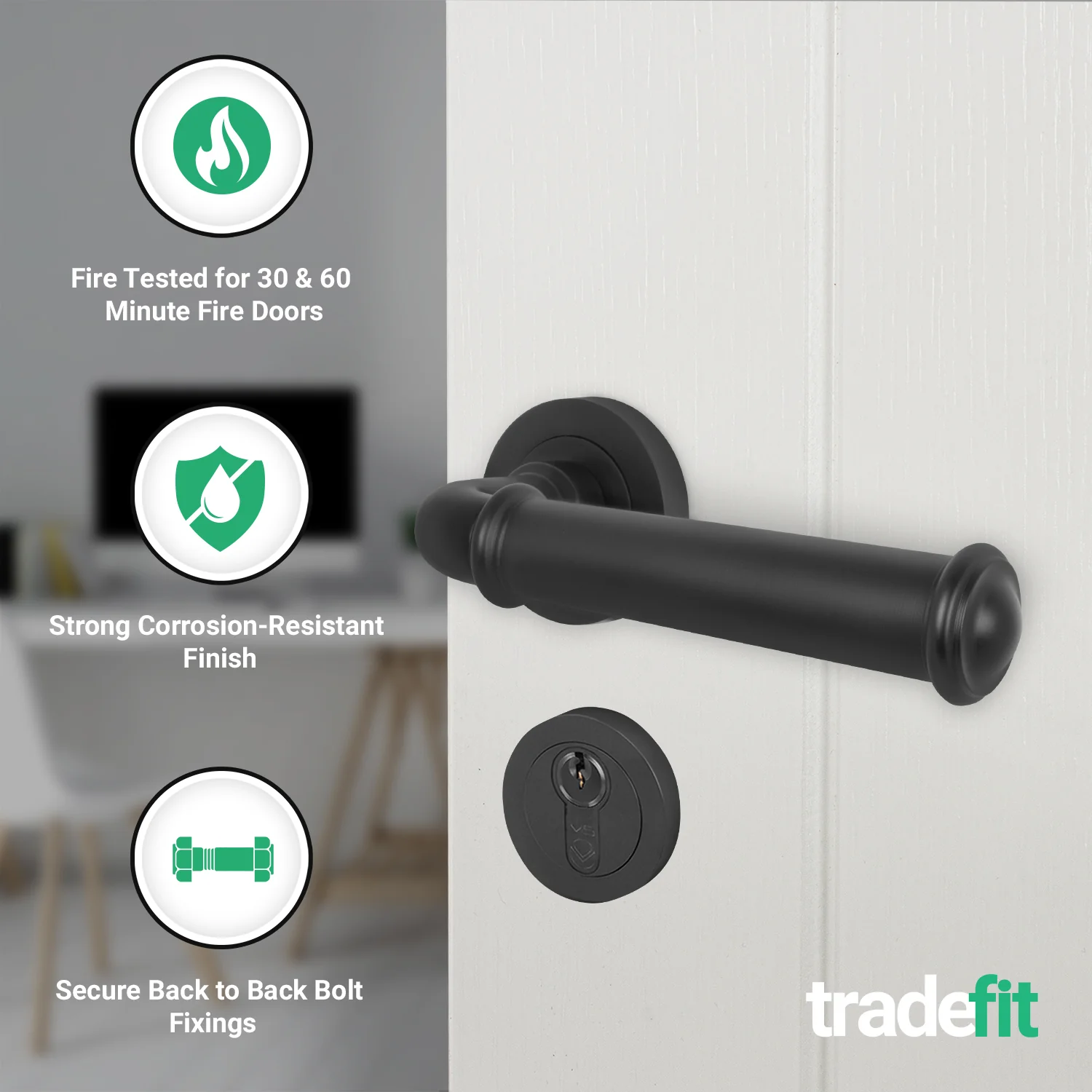 Claro Matt Black Lever on Rose Door Handle Kit - Medium Duty FD30/60 - 80mm Euro Sashlock and Thumbturn Cylinder - Keyed Alike - Image 2