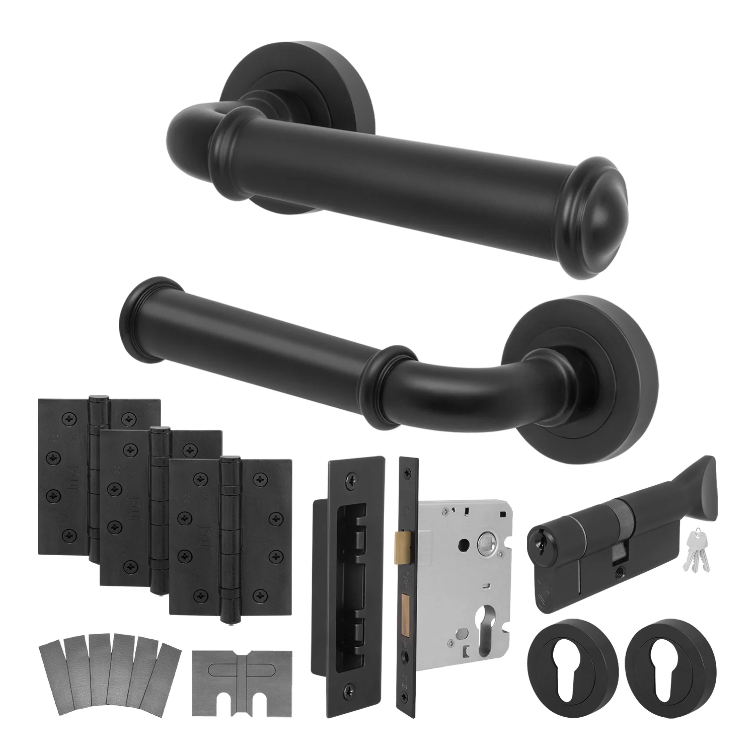 Claro Matt Black Lever on Rose Door Handle Kit - Medium Duty FD30/60 - 80mm Euro Sashlock and Thumbturn Cylinder - Keyed to Differ