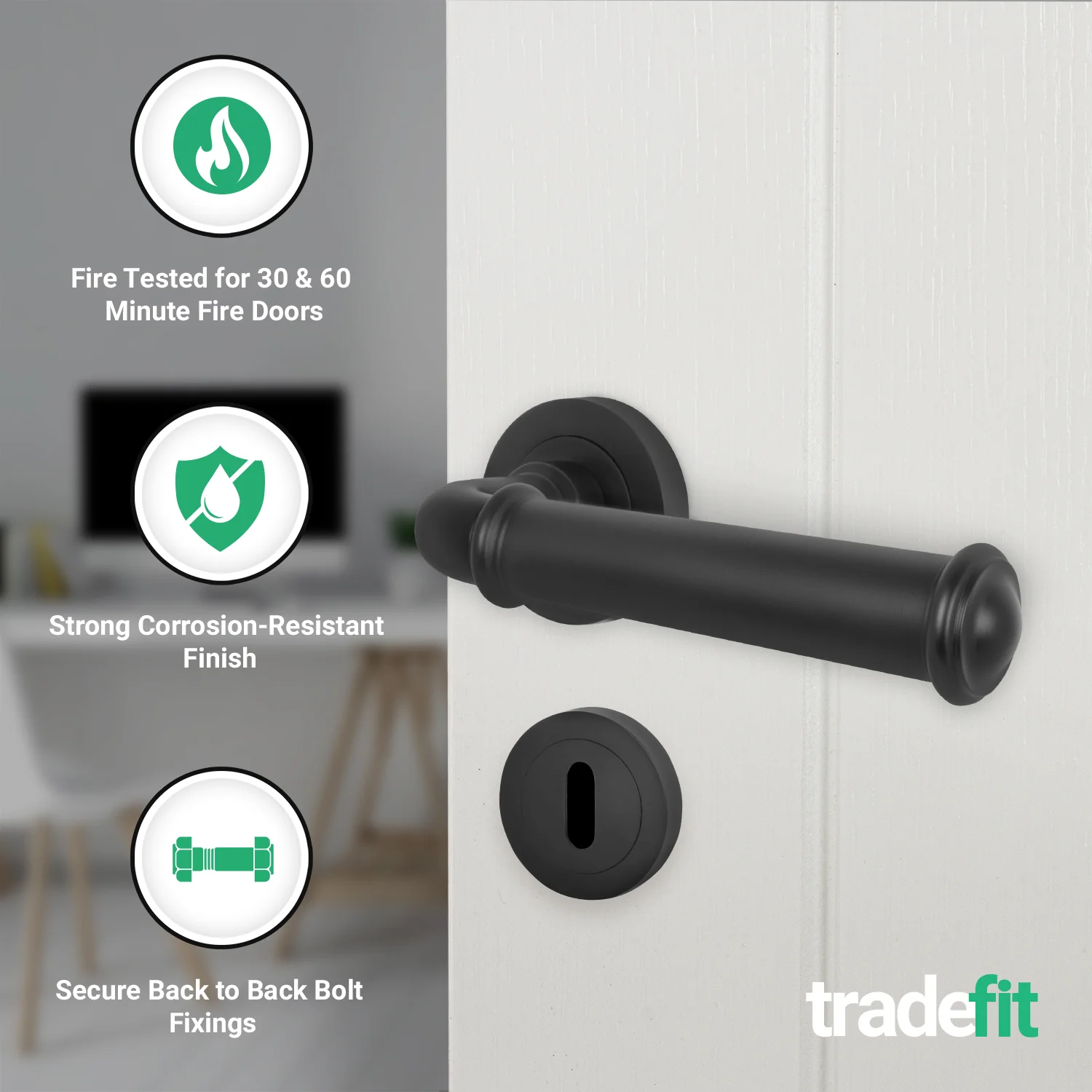 Claro Matt Black Lever on Rose Door Handle Kit - Medium Duty FD30-60 - 80mm Sashlock - Image 2