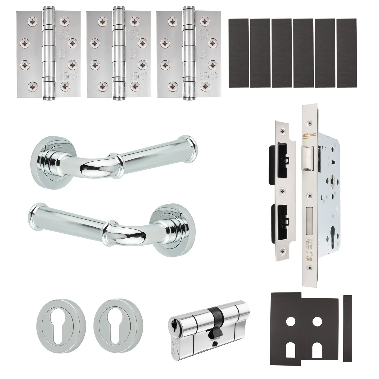 Claro Polished Chrome Lever on Rose Door Handle Kit - Heavy Duty FD30/60 - DIN Euro Sashlock and Double Cylinder - Keyed Alike