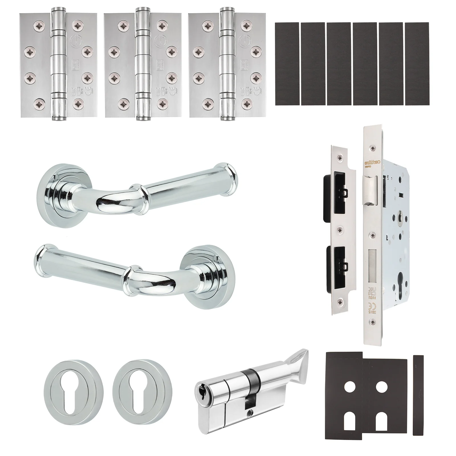 Claro Polished Chrome Lever on Rose Door Handle Kit - Heavy Duty FD30/60 - DIN Euro Sashlock and Thumbturn Cylinder - Keyed Alike