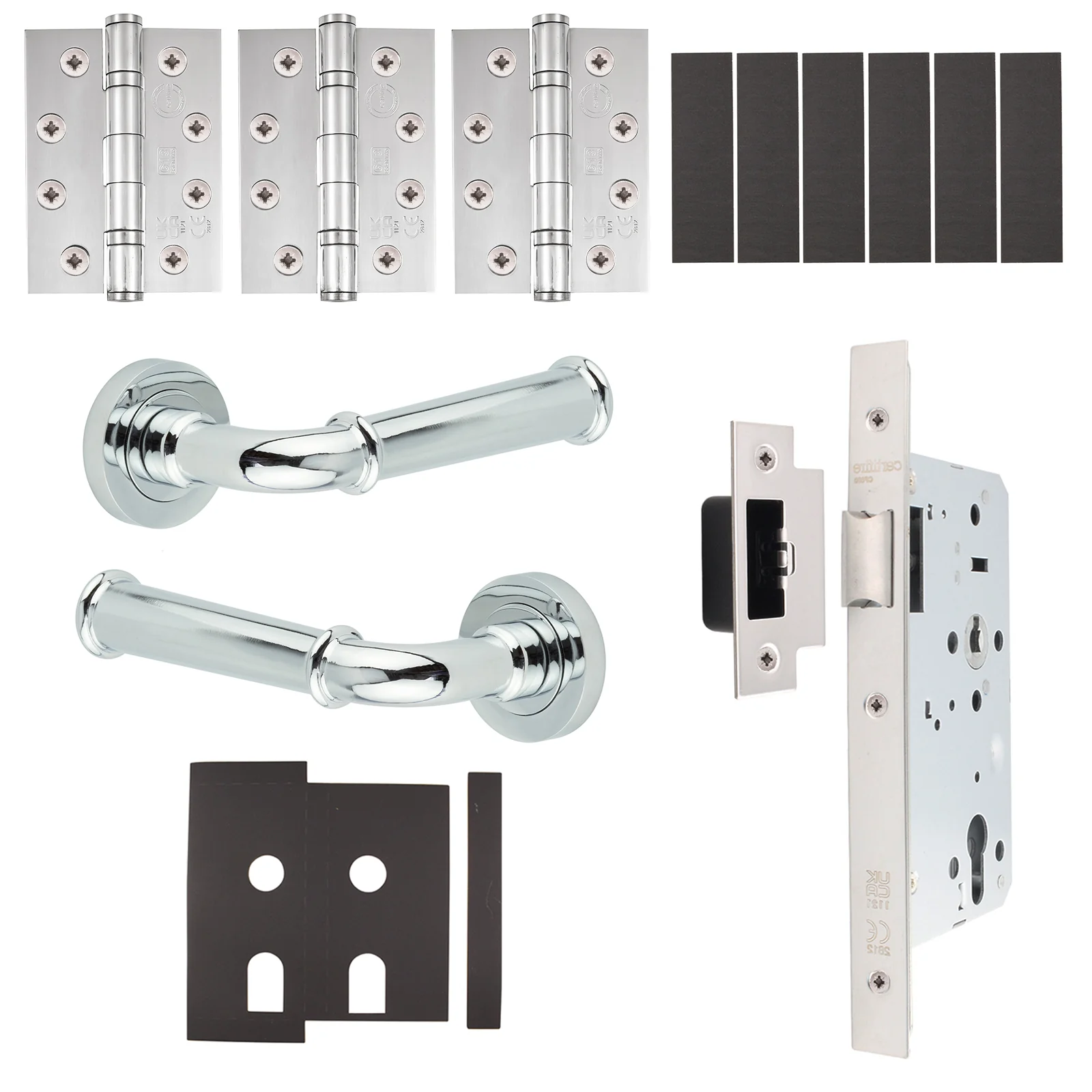 Claro Polished Chrome Lever on Rose Door Handle Kit - Heavy Duty FD30/60 - DIN Latch