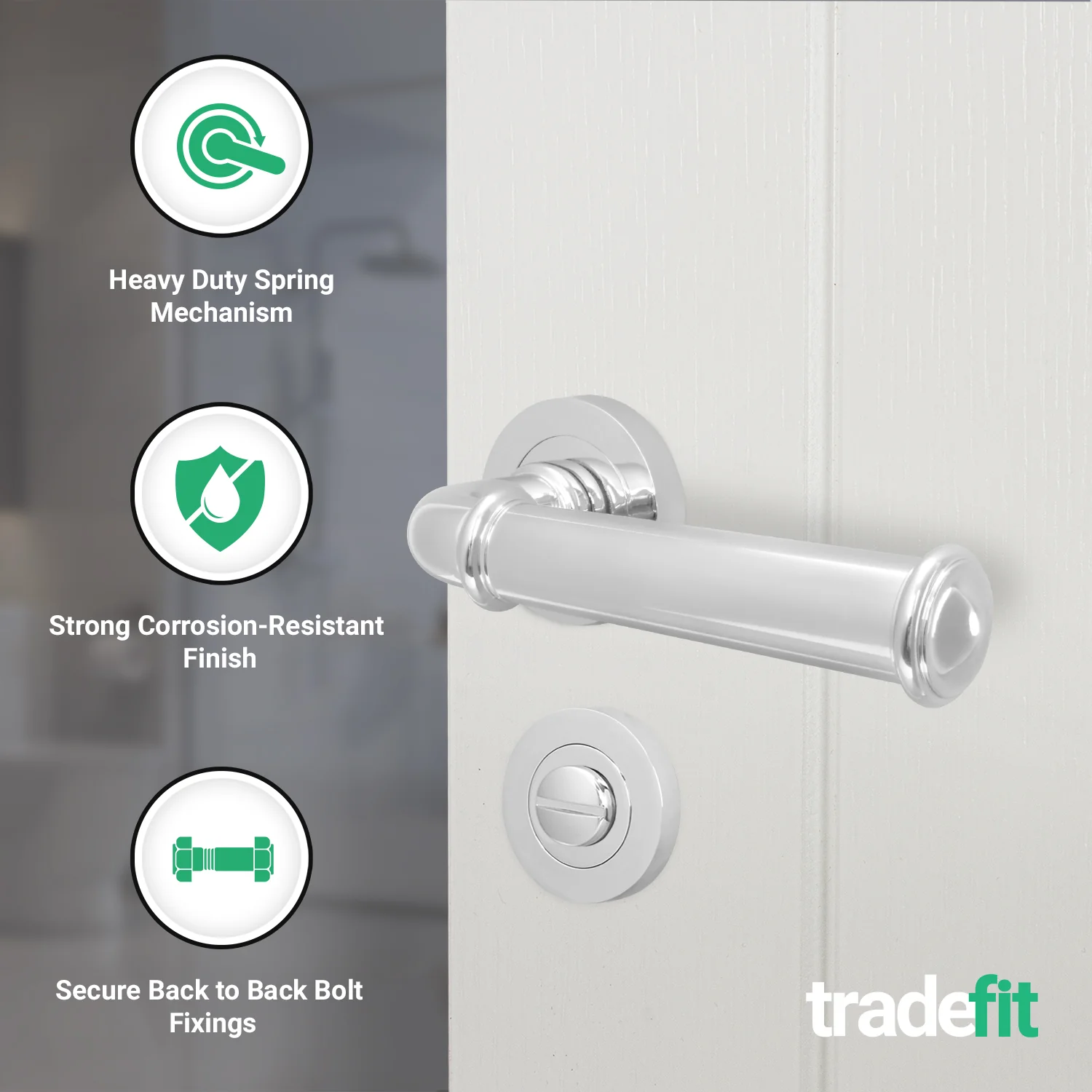 Claro Polished Chrome Lever on Rose Door Handle Kit - 64mm Bathroom Lock - Image 2