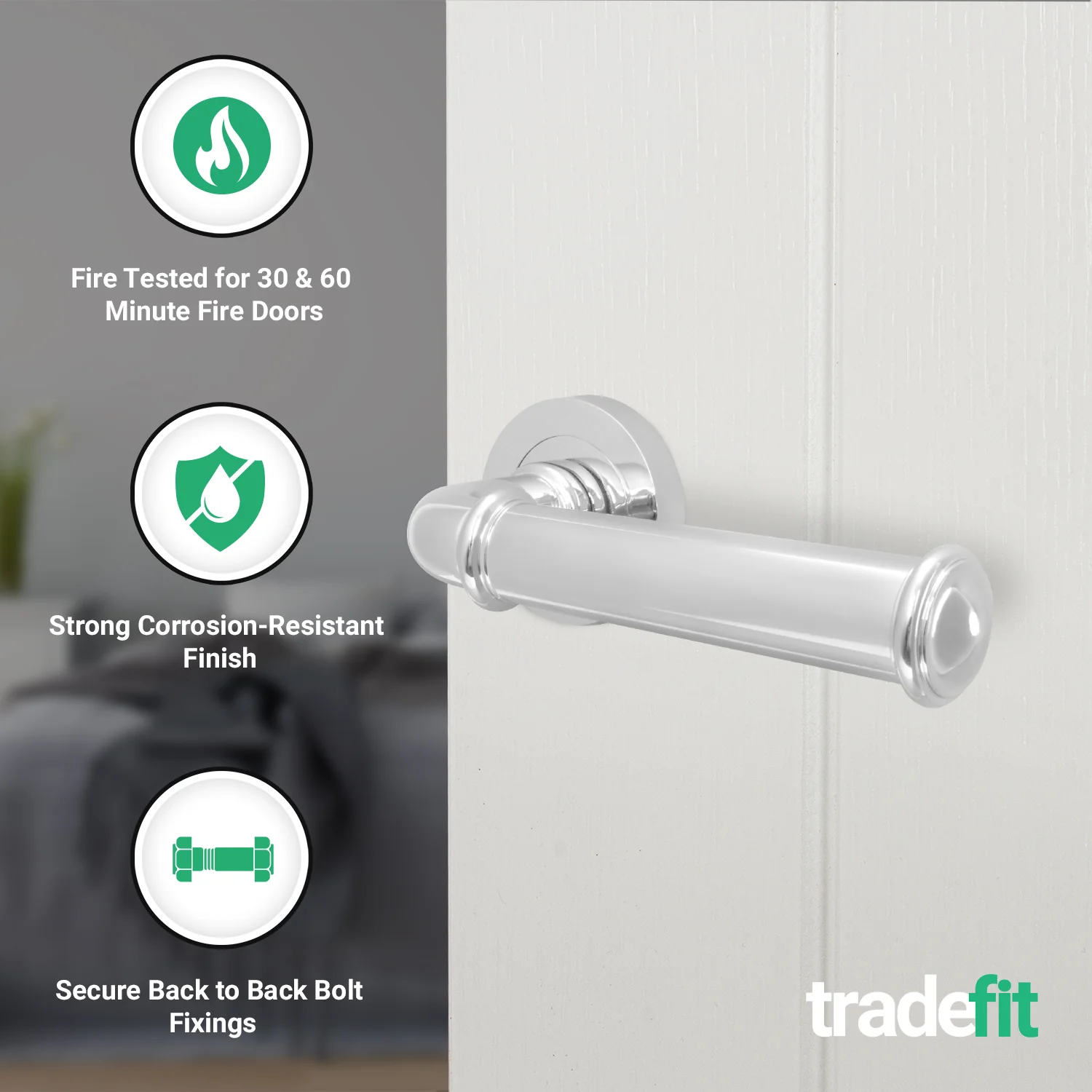 Claro Polished Chrome Lever on Rose Door Handle Kit - Medium Duty FD30/60 - 76mm Latch - Image 2