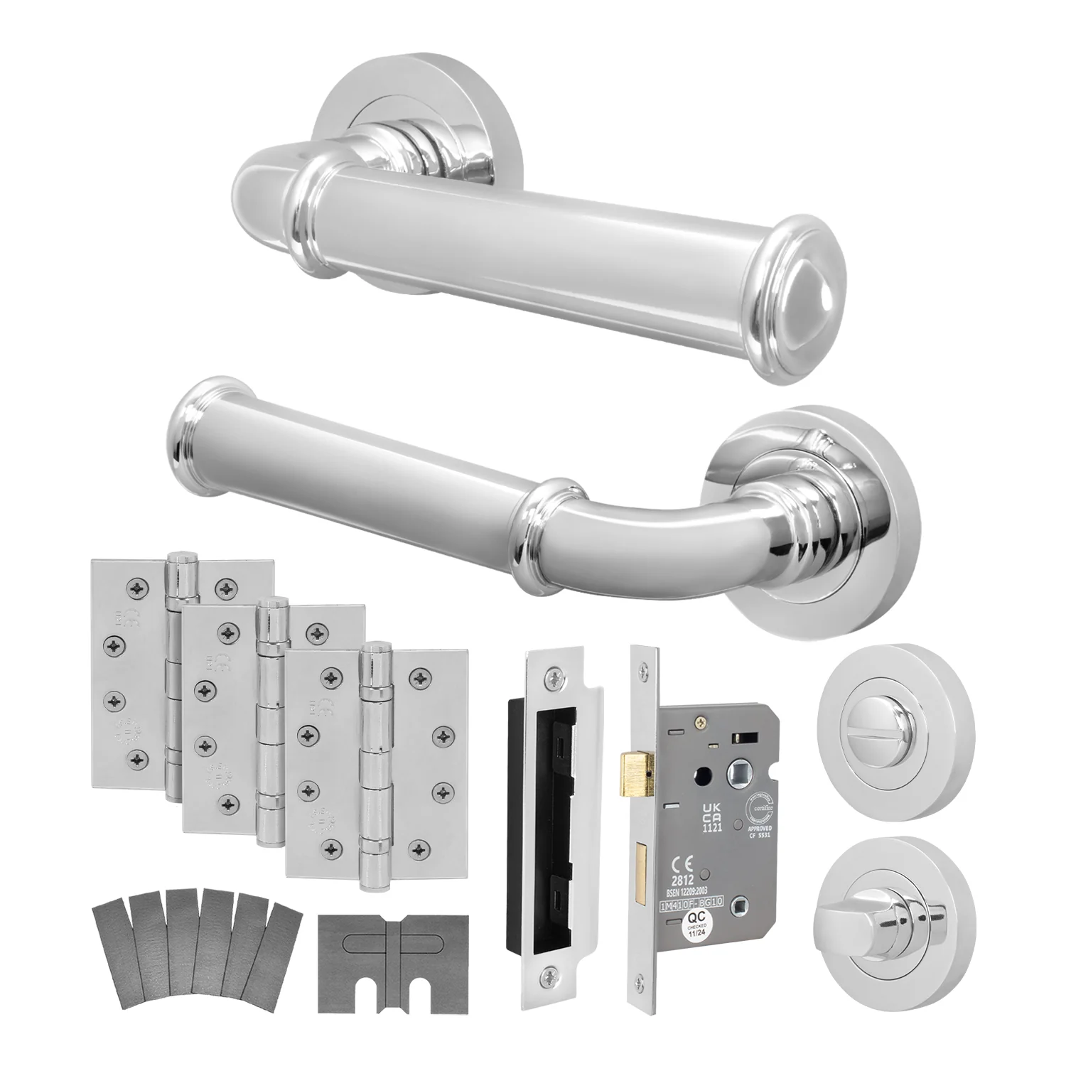 Claro Polished Chrome Lever on Rose Door Handle Kit - Medium Duty FD30/60 - 80mm Bathroom Lock