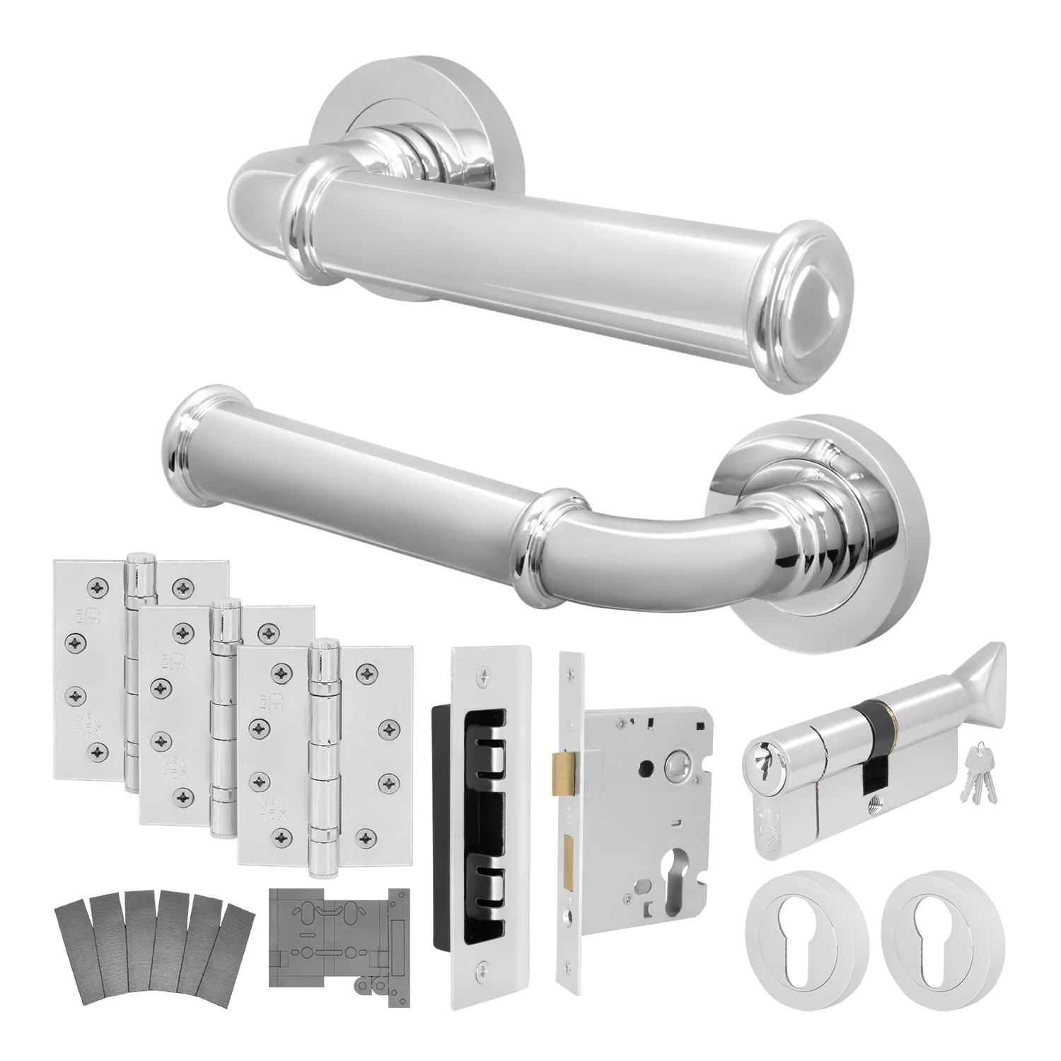 Claro Polished Chrome Lever on Rose Door Handle Kit - Medium Duty FD30/60 - 80mm Euro Sashlock and Thumbturn Cylinder - Keyed Alike