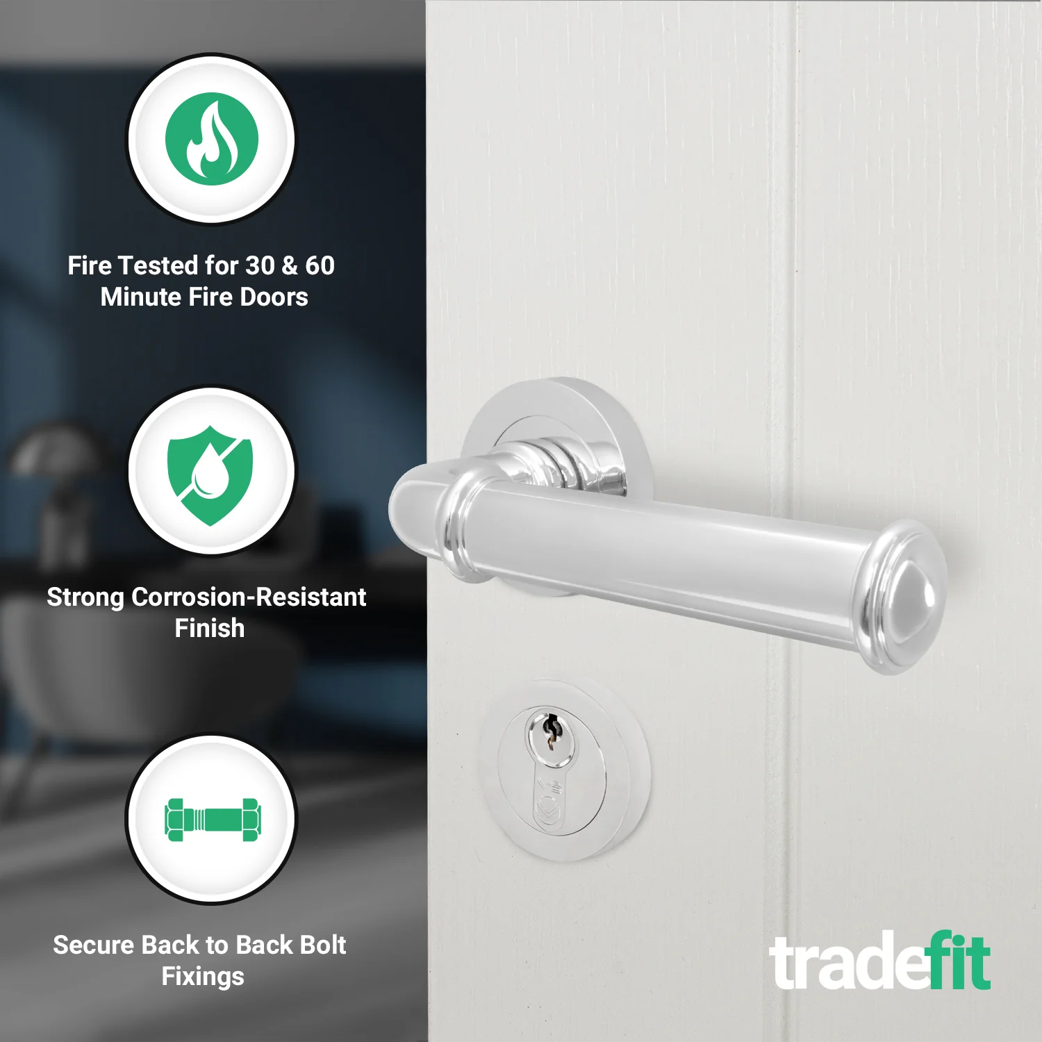 Claro Polished Chrome Lever on Rose Door Handle Kit - Medium Duty FD30/60 - 80mm Euro Sashlock and Thumbturn Cylinder - Keyed Alike - Image 2
