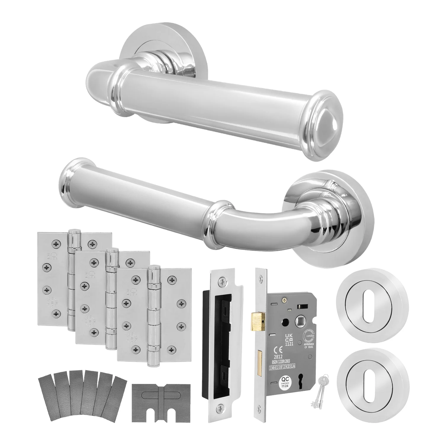 Claro Polished Chrome Lever on Rose Door Handle Kit - Medium Duty FD30/60 - 80mm Sashlock