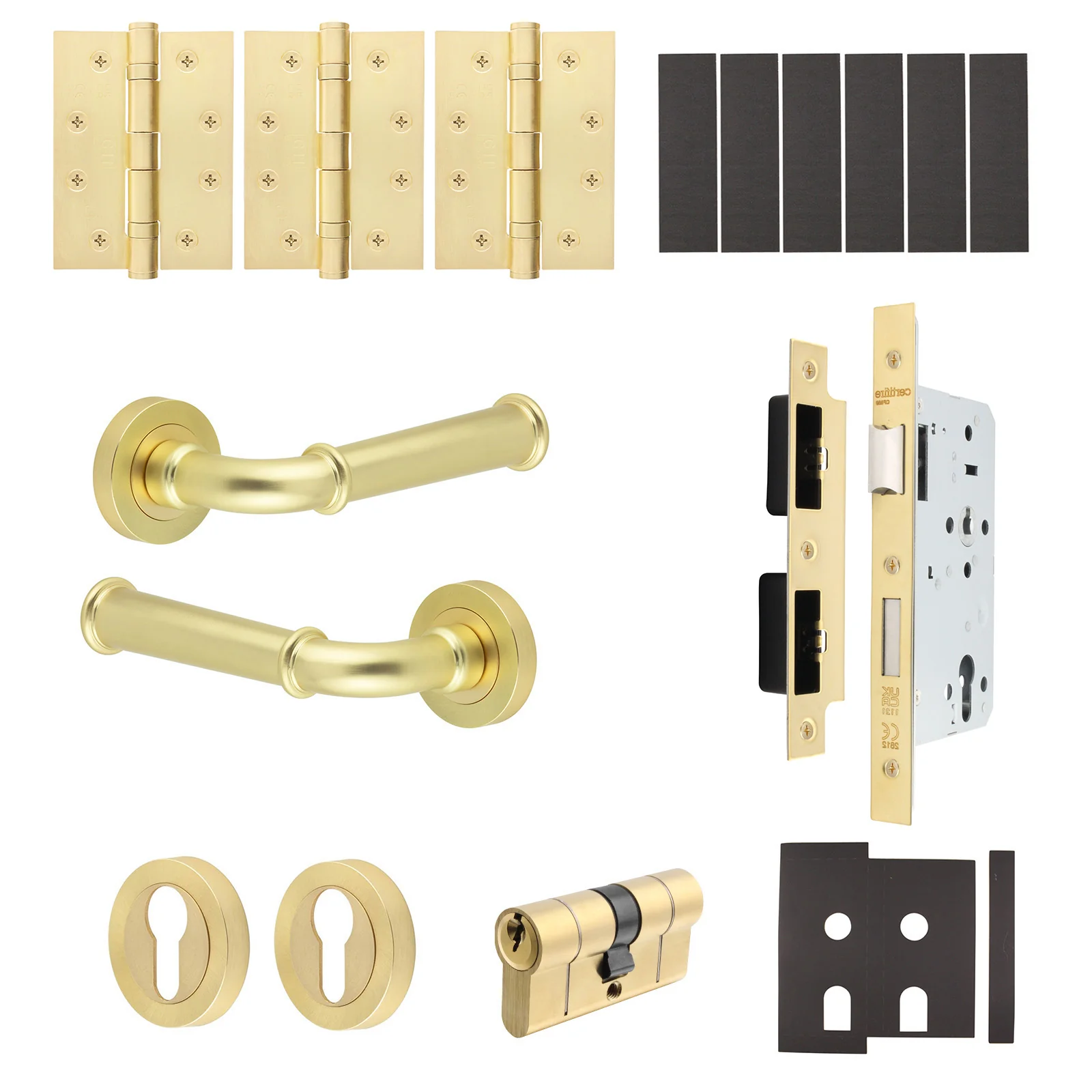 Claro Satin Brass Lever on Rose Door Handle Kit - Heavy Duty FD30/60 - DIN Euro Sashlock and Double Cylinder - Keyed Alike