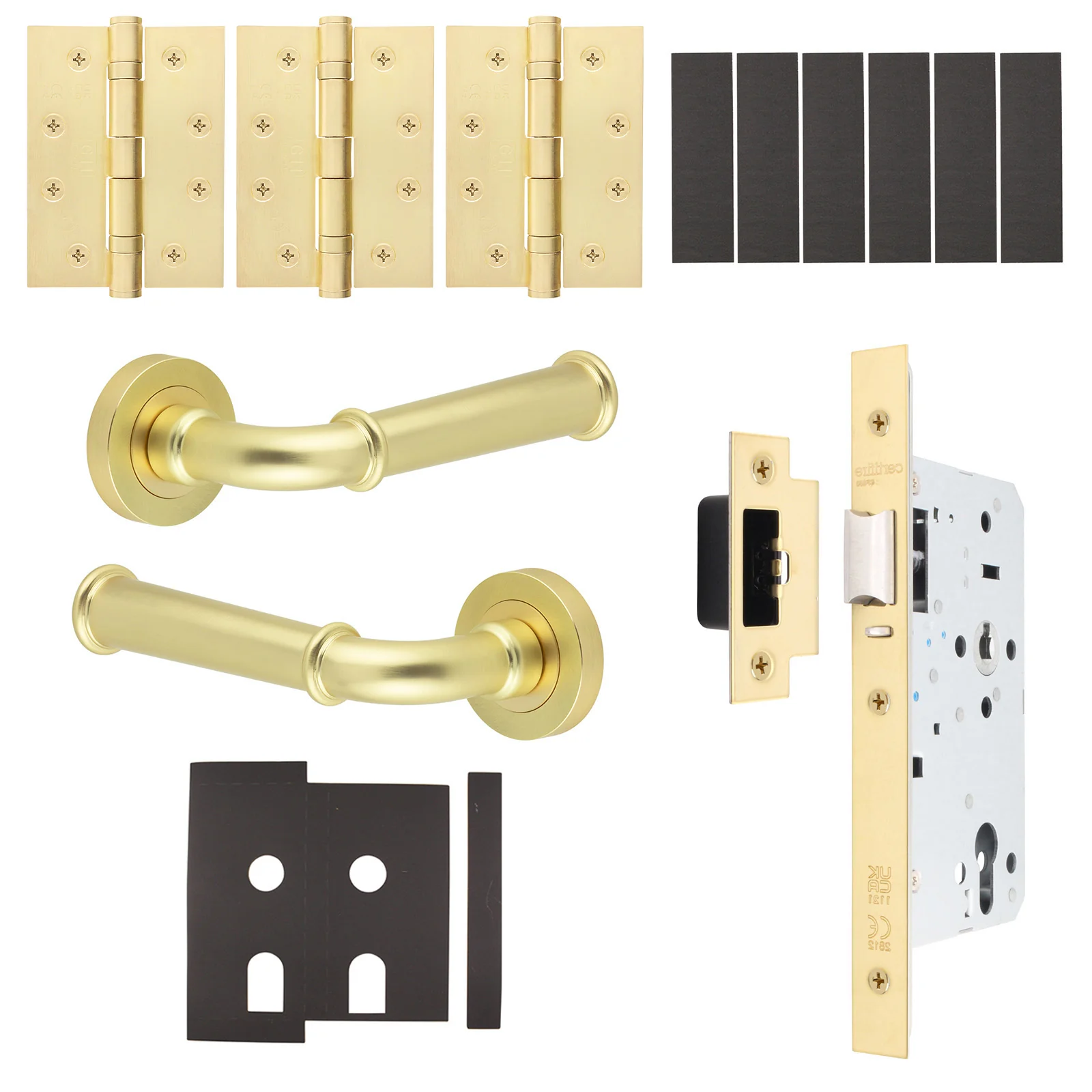 Claro Satin Brass Lever on Rose Door Handle Kit - Heavy Duty FD30/60 - DIN Latch