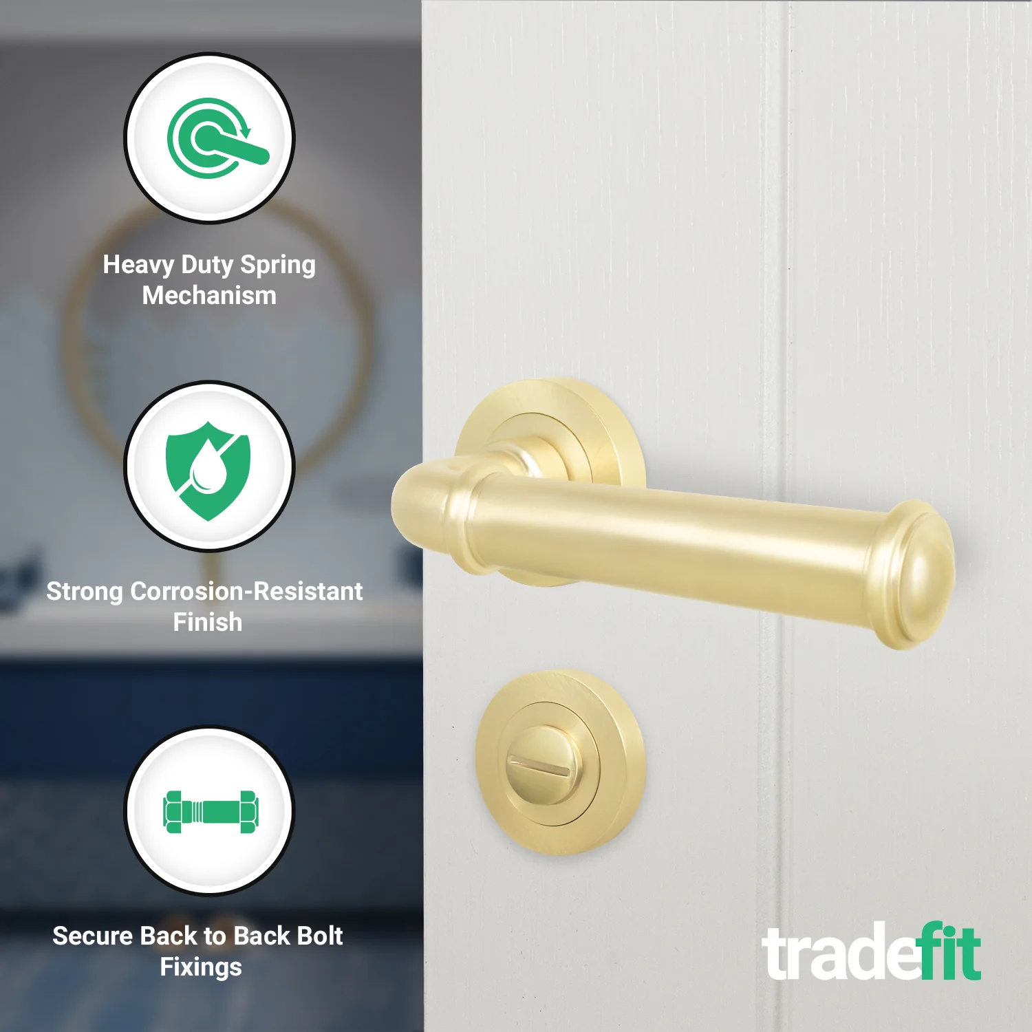 Claro Satin Brass Lever on Rose Door Handle Kit - 64mm Bathroom Lock - Image 2