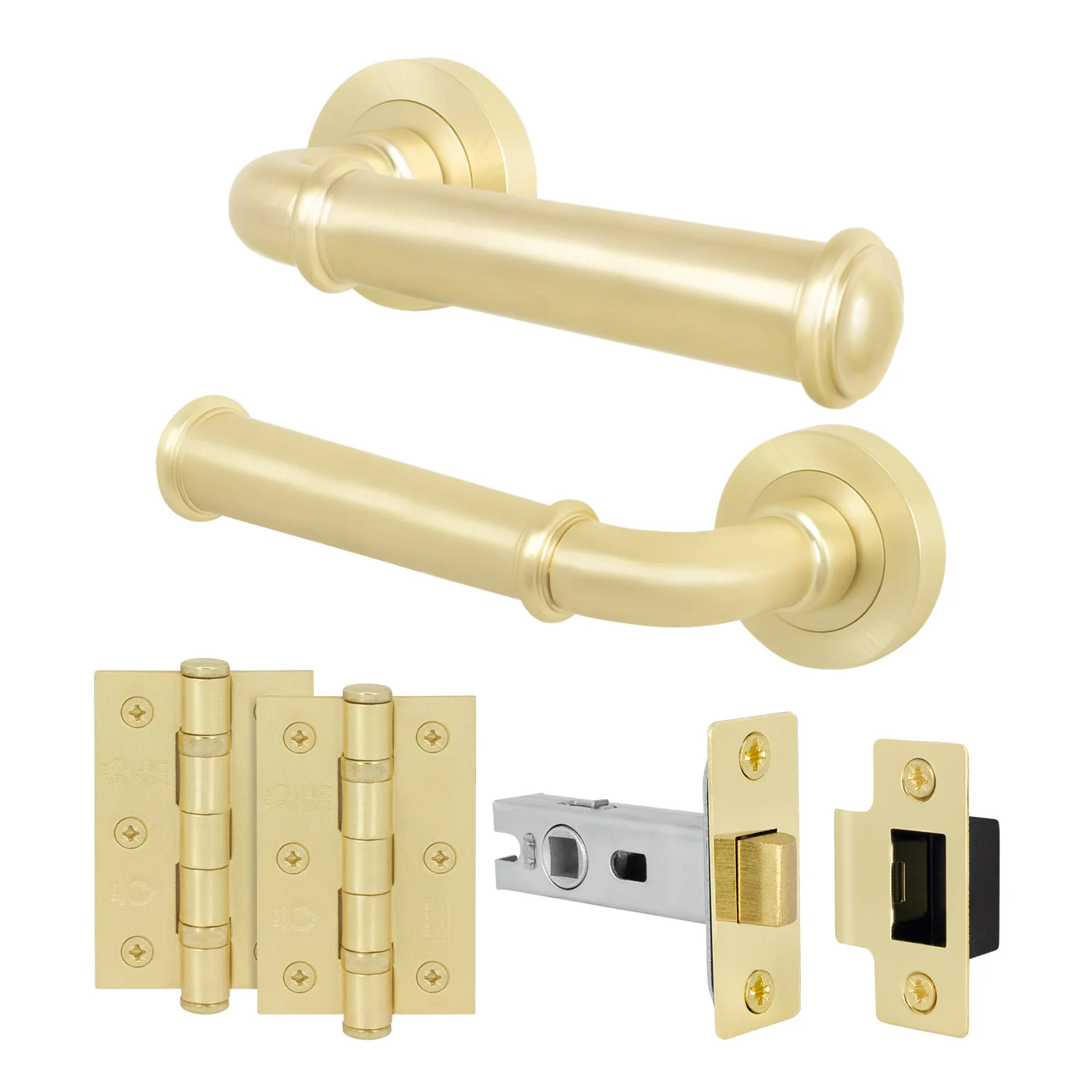 Claro Satin Brass Lever on Rose Door Handle Kit - 64mm Latch