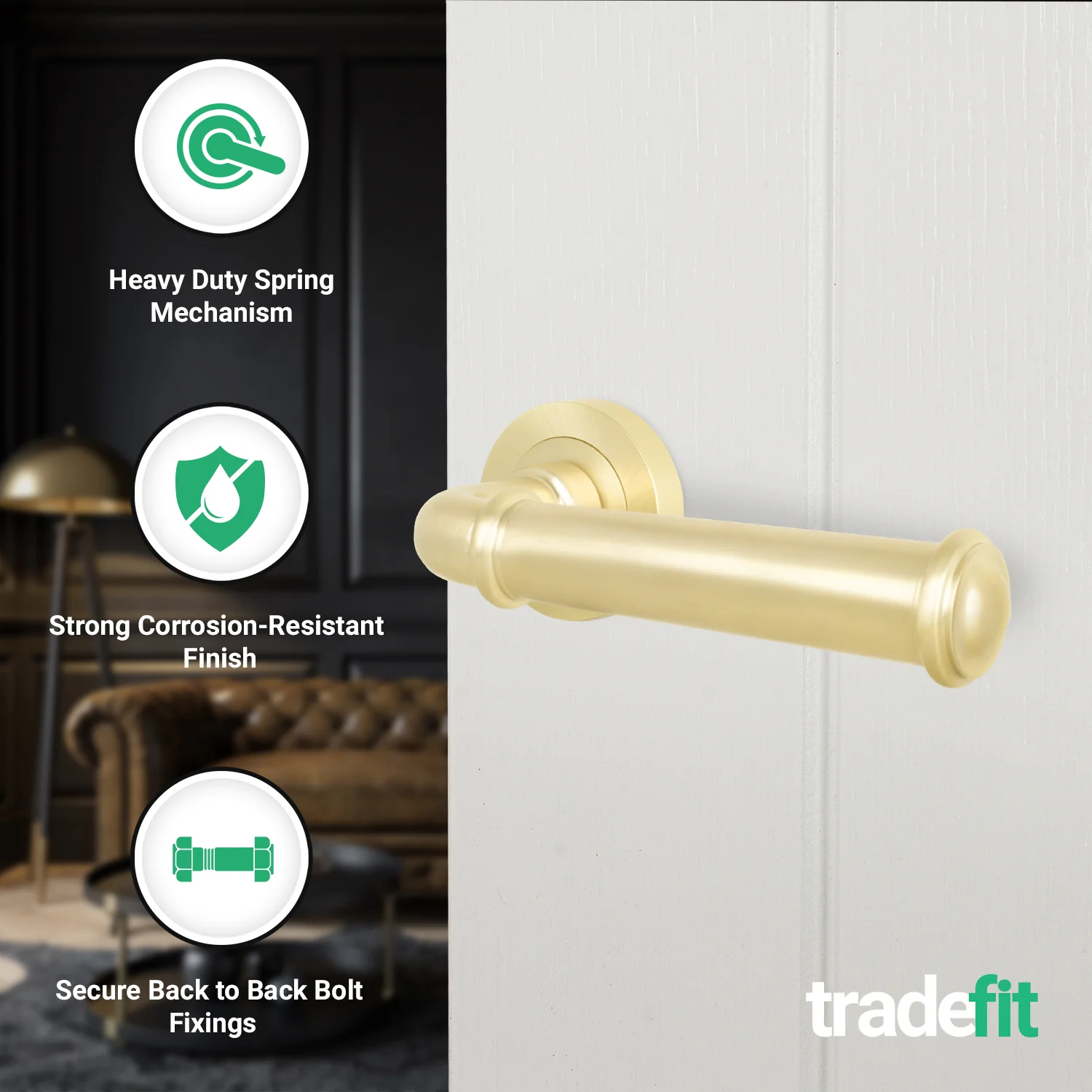 Claro Satin Brass Lever on Rose Door Handle Kit - 64mm Latch - Image 2