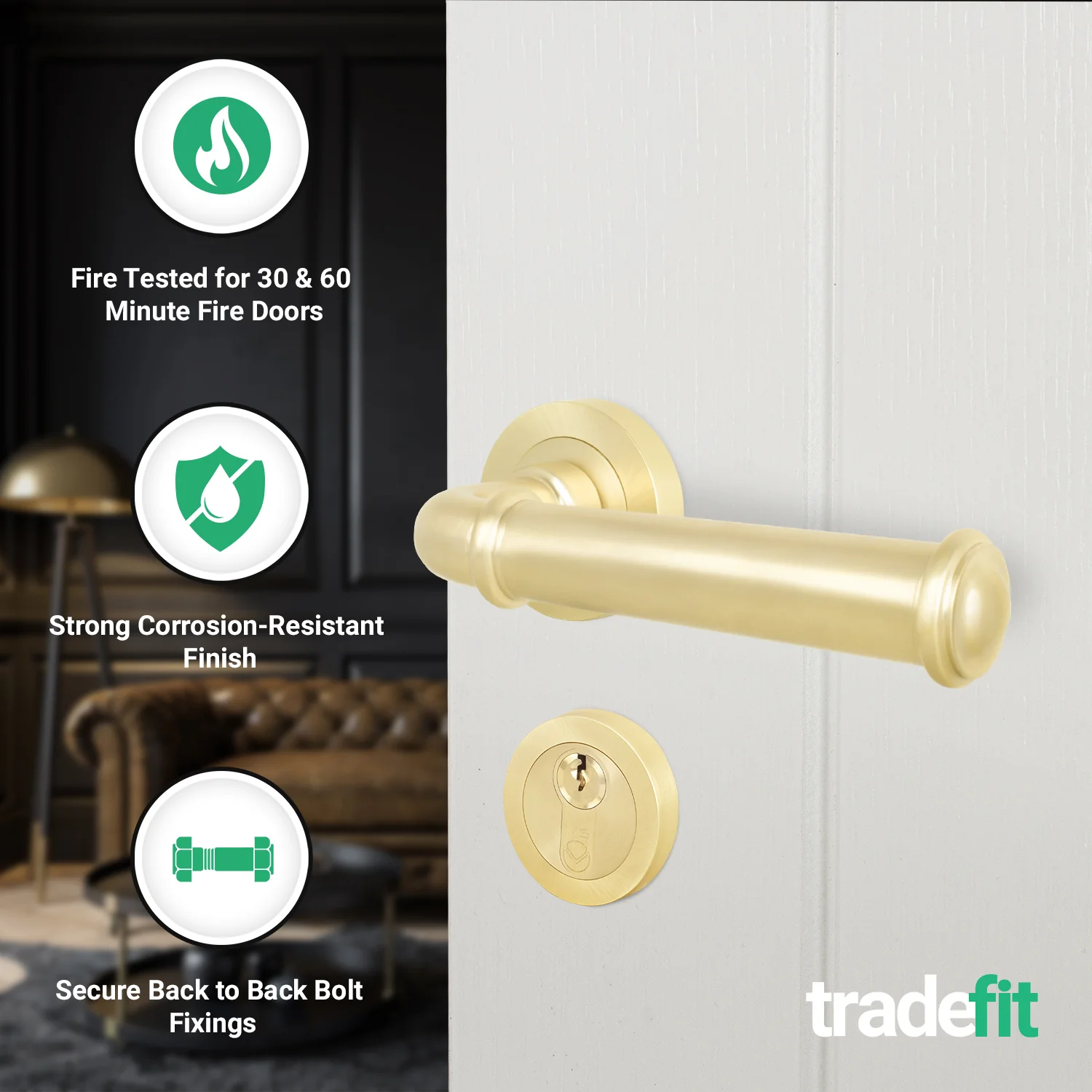 Claro Satin Brass Lever on Rose Door Handle Kit - Medium Duty FD30/60 - 80mm Euro Sashlock and Double Cylinder - Keyed to Differ - Image 2