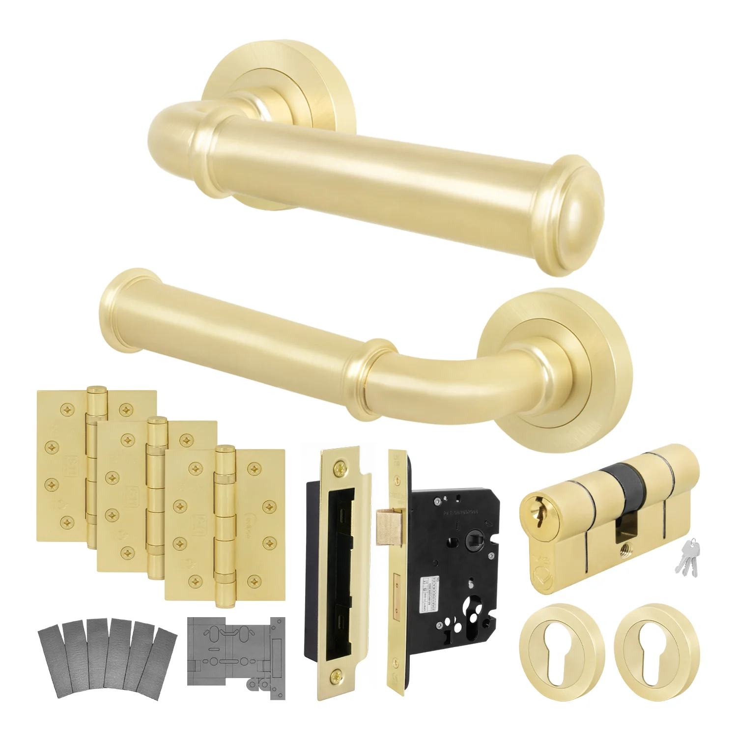 Claro Satin Brass Lever on Rose Door Handle Kit - Medium Duty FD30/60 - 80mm Euro Sashlock and Double Cylinder - Master Keyed