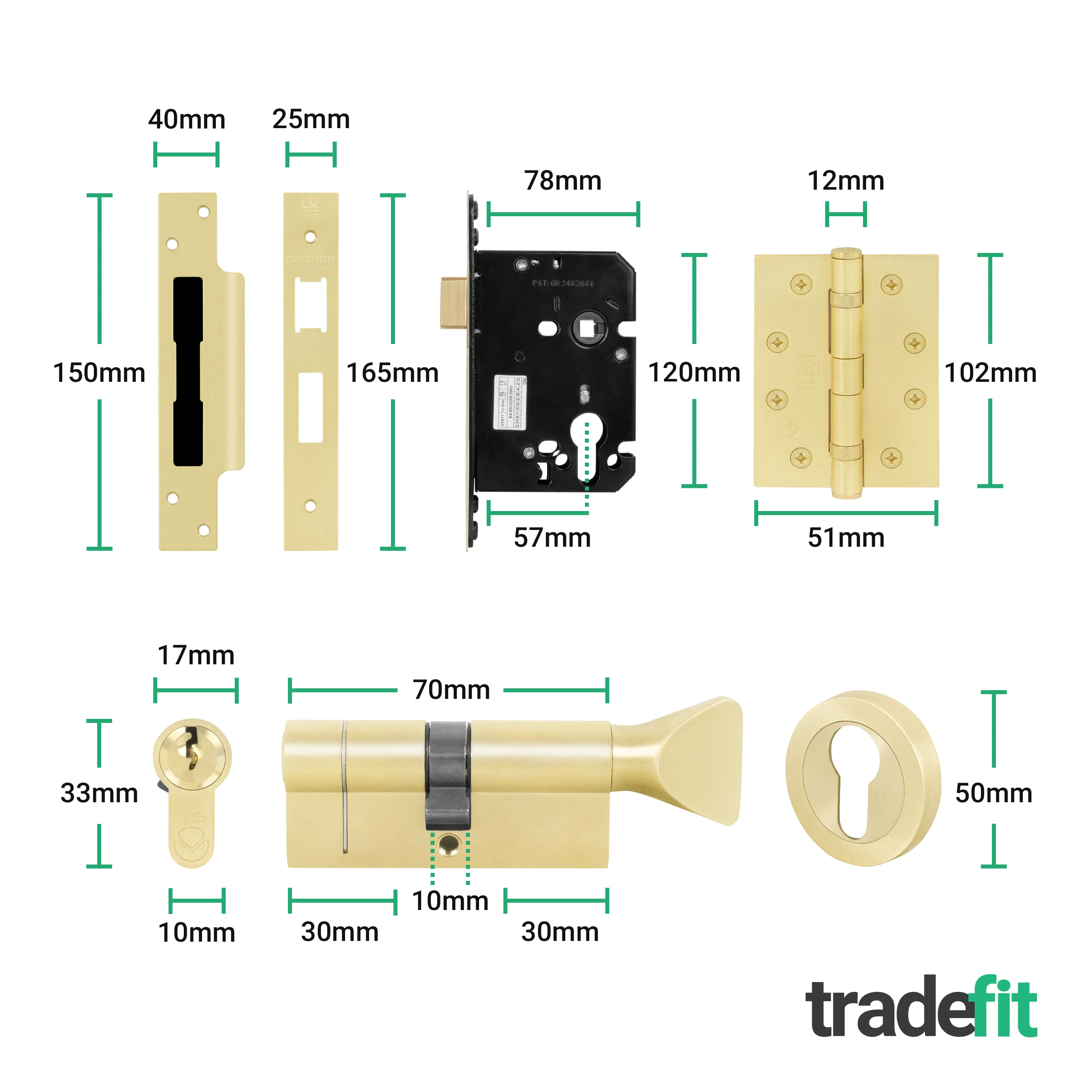 Claro Satin Brass Lever on Rose Door Handle Kit - Medium Duty FD30/60 - 80mm Euro Sashlock and Thumbturn Cylinder - Keyed Alike - Image 5