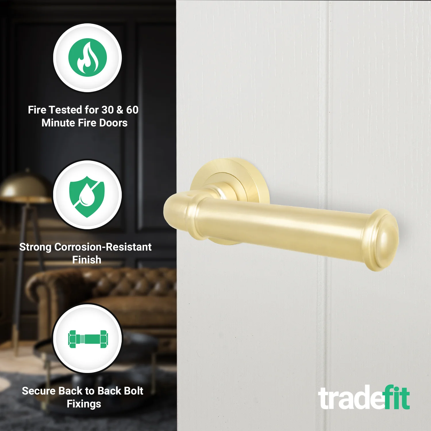 Claro Satin Brass Lever on Rose Door Handles - Heavy Duty - FD30/60 Rated - Image 2