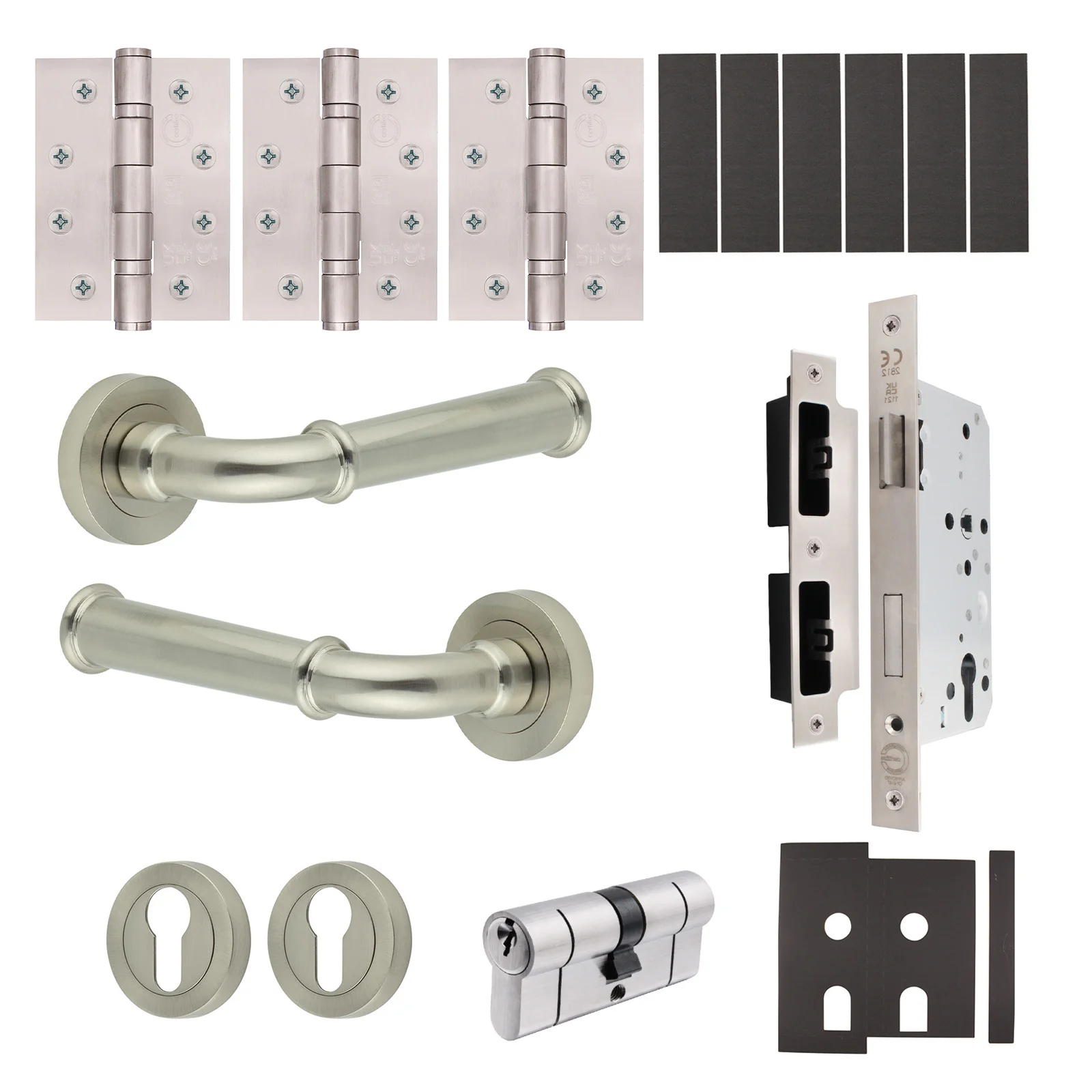Claro Satin Nickel Lever on Rose Door Handle Kit - Heavy Duty FD30/60 - DIN Euro Sashlock and Double Cylinder - Keyed to Differ