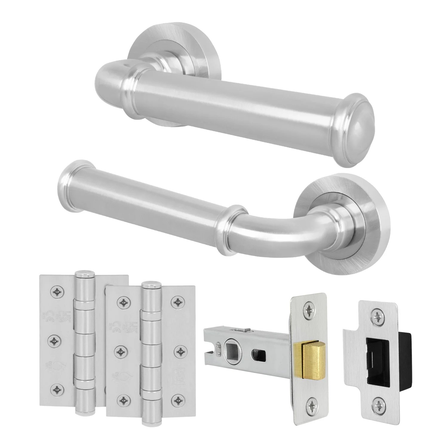 Claro Satin Nickel Lever on Rose Door Handle Kit - 64mm Latch