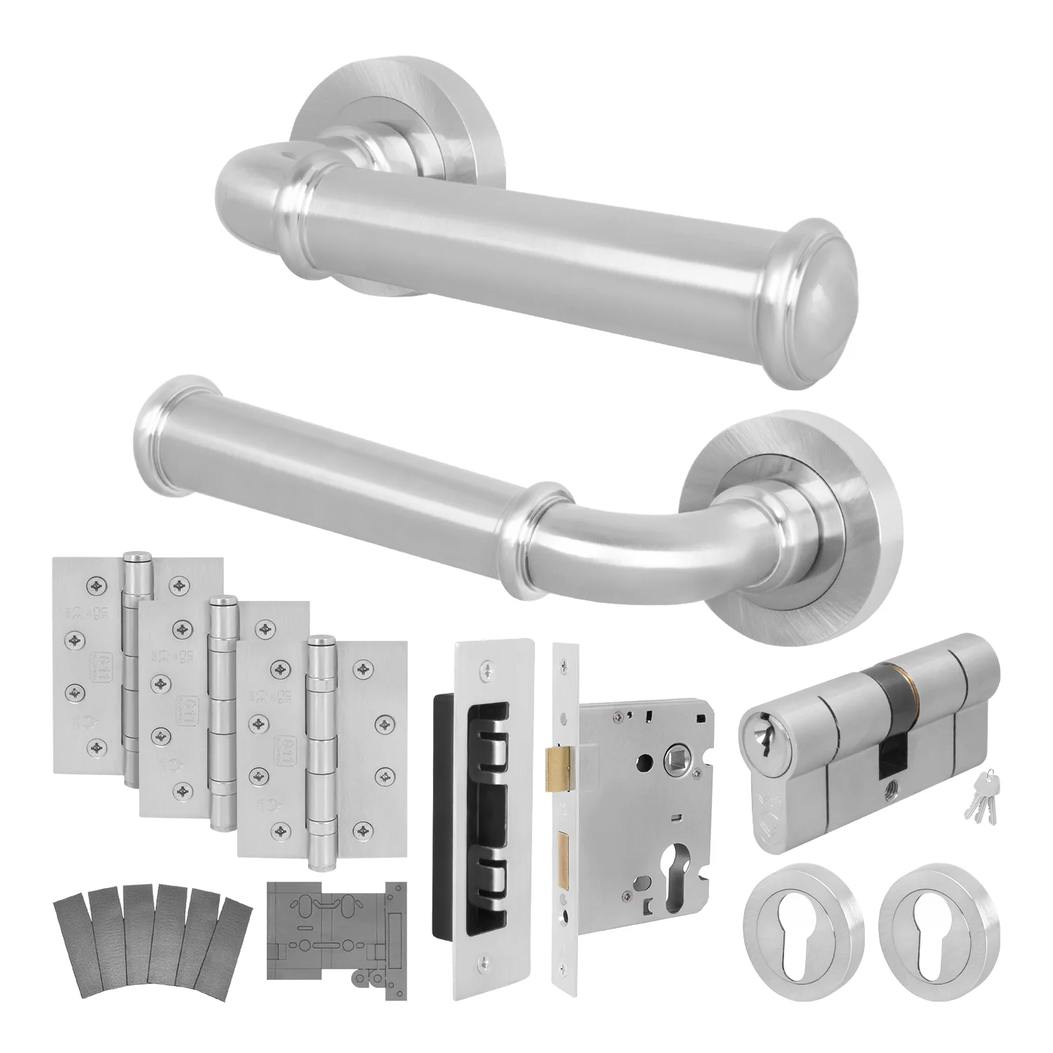 Claro Satin Nickel Lever on Rose Door Handle Kit - Medium Duty FD30/60 - 80mm Euro Sashlock and Double Cylinder - Keyed Alike