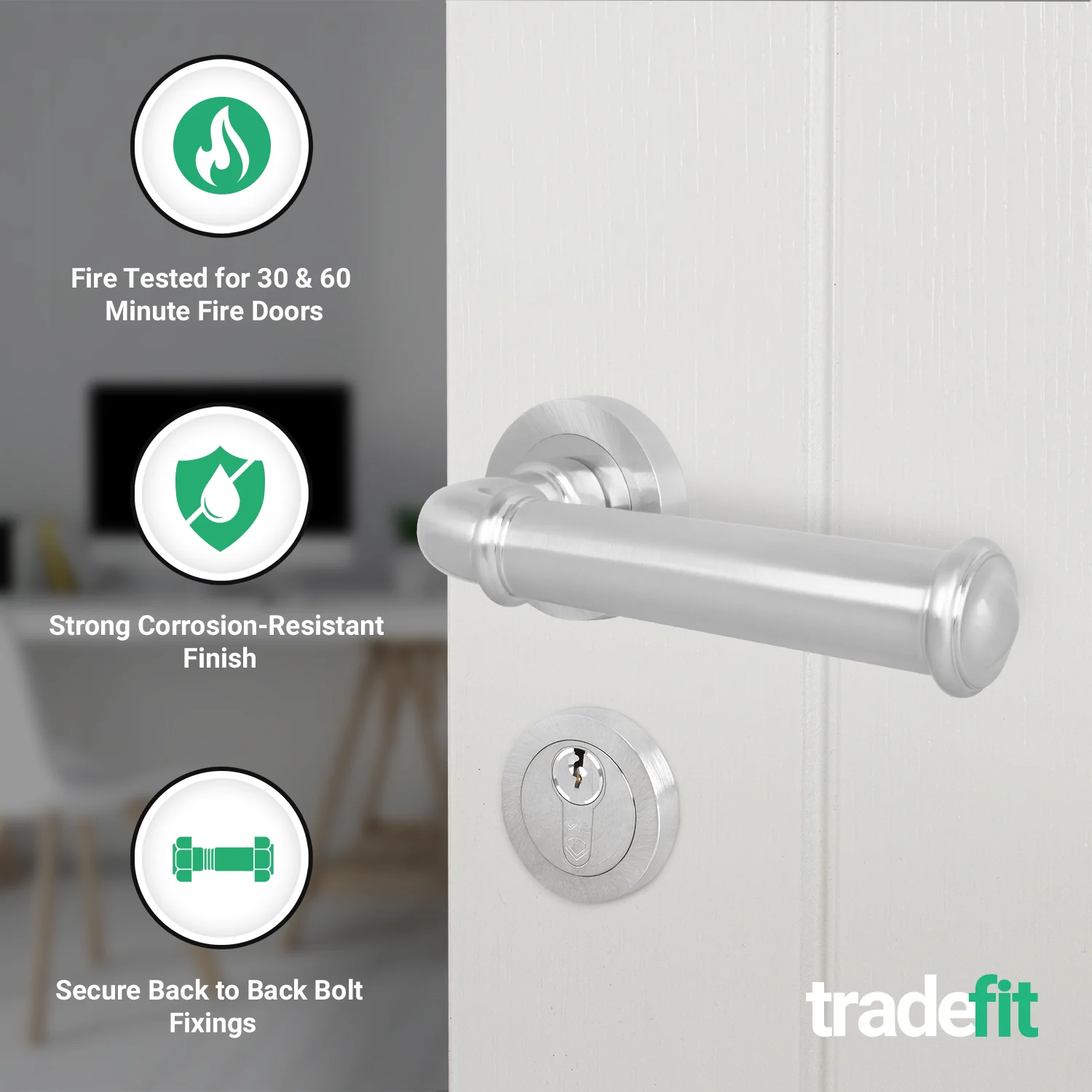Claro Satin Nickel Lever on Rose Door Handle Kit - Medium Duty FD30/60 - 80mm Euro Sashlock and Double Cylinder - Keyed to Differ - Image 2