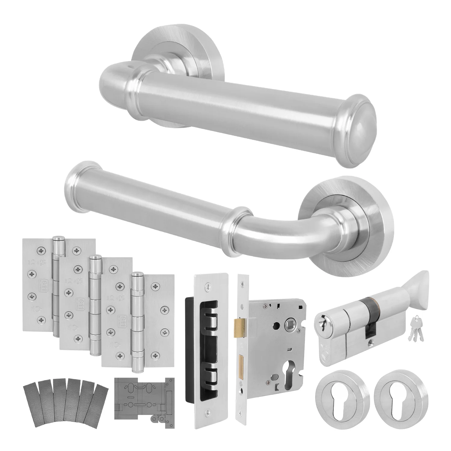 Claro Satin Nickel Lever on Rose Door Handle Kit - Medium Duty FD30/60 - 80mm Euro Sashlock and Thumbturn Cylinder - Keyed Alike