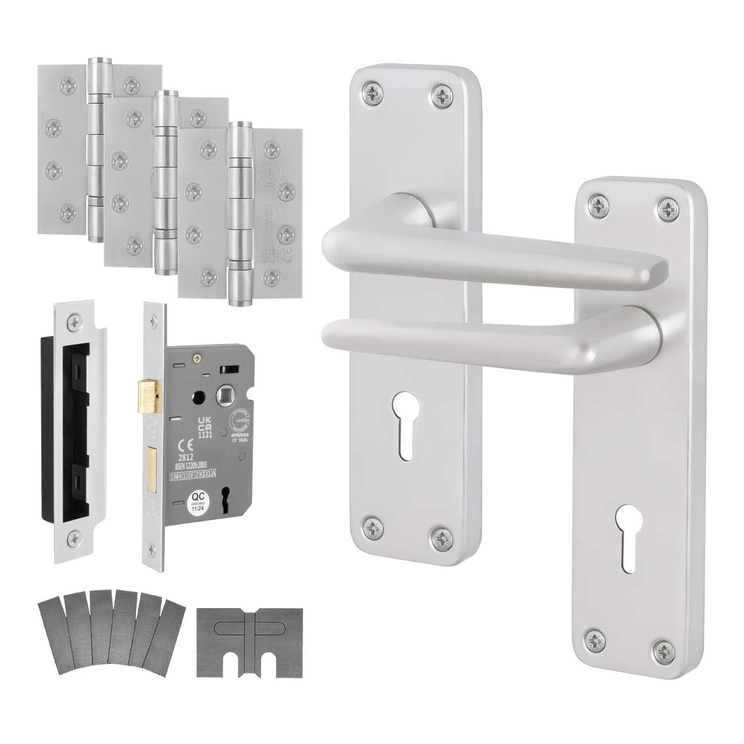 Contractor Satin Aluminium Door Handle Fire Door Pack - 3 Lever Sashlock - FD30/60
