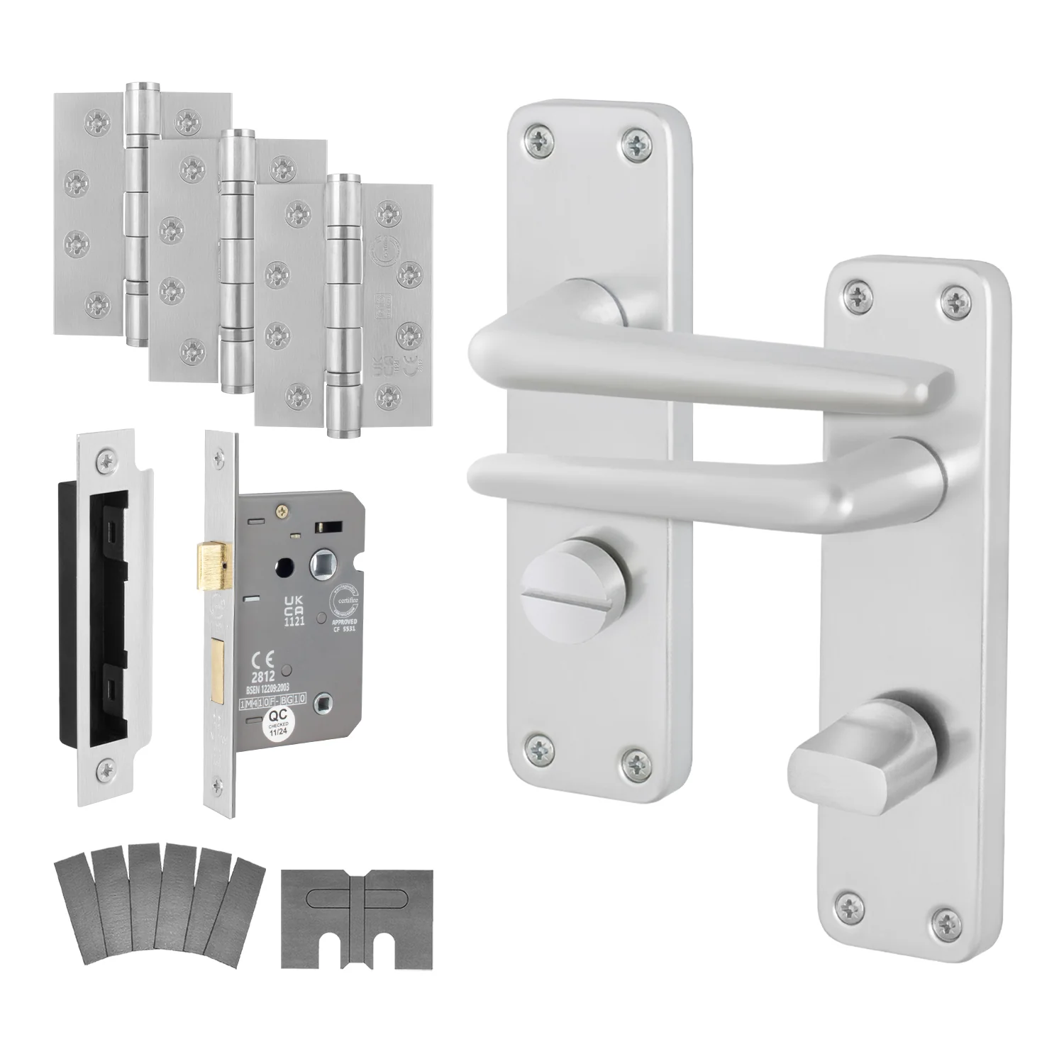 Contractor Satin Aluminium Door Handle Fire Door Pack - Bathroom - FD30/60