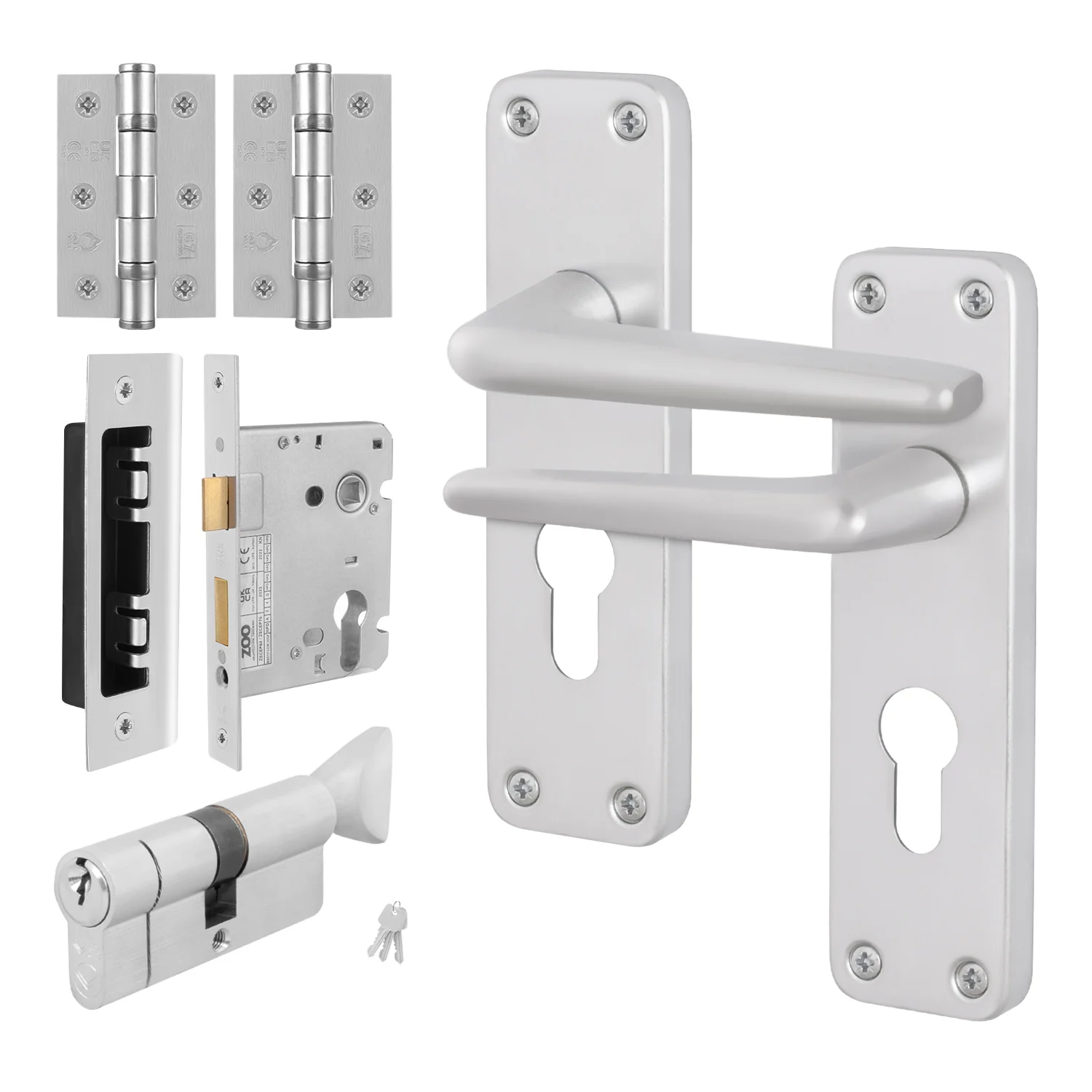Contractor Satin Aluminium Door Handle Pack - Euro Sashlock and Thumbturn Cylinder