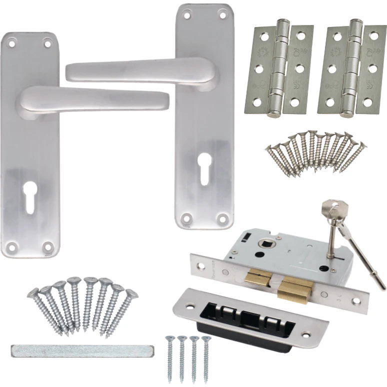 Aluminium Lever Door Handle Lock Kit / Pack - 153 x 40mm - Satin Aluminium