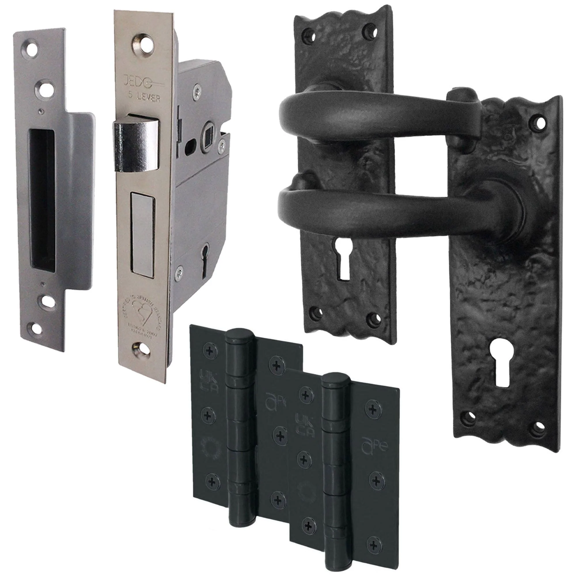 Black Iron Lever Door Handles on Backplate Traditional Canterbury Pattern 5 Lever Lock Pack - 150 x 47mm - 65mm Lock & 76mm Hinge- Black Antique Iron