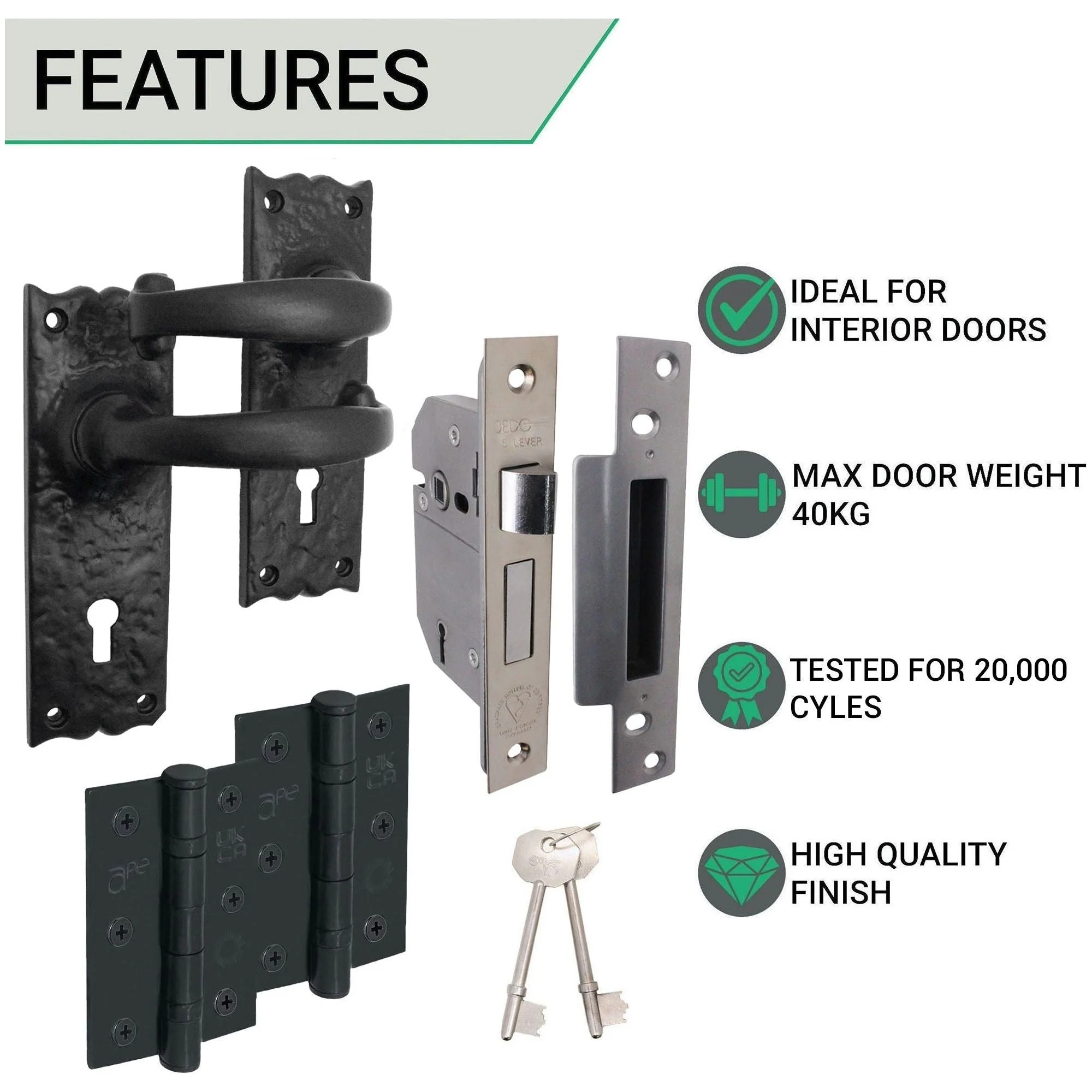 Black Iron Lever Door Handles on Backplate Traditional Canterbury Pattern 5 Lever Lock Pack - 150 x 47mm - 65mm Lock & 76mm Hinge- Black Antique Iron - Image 3