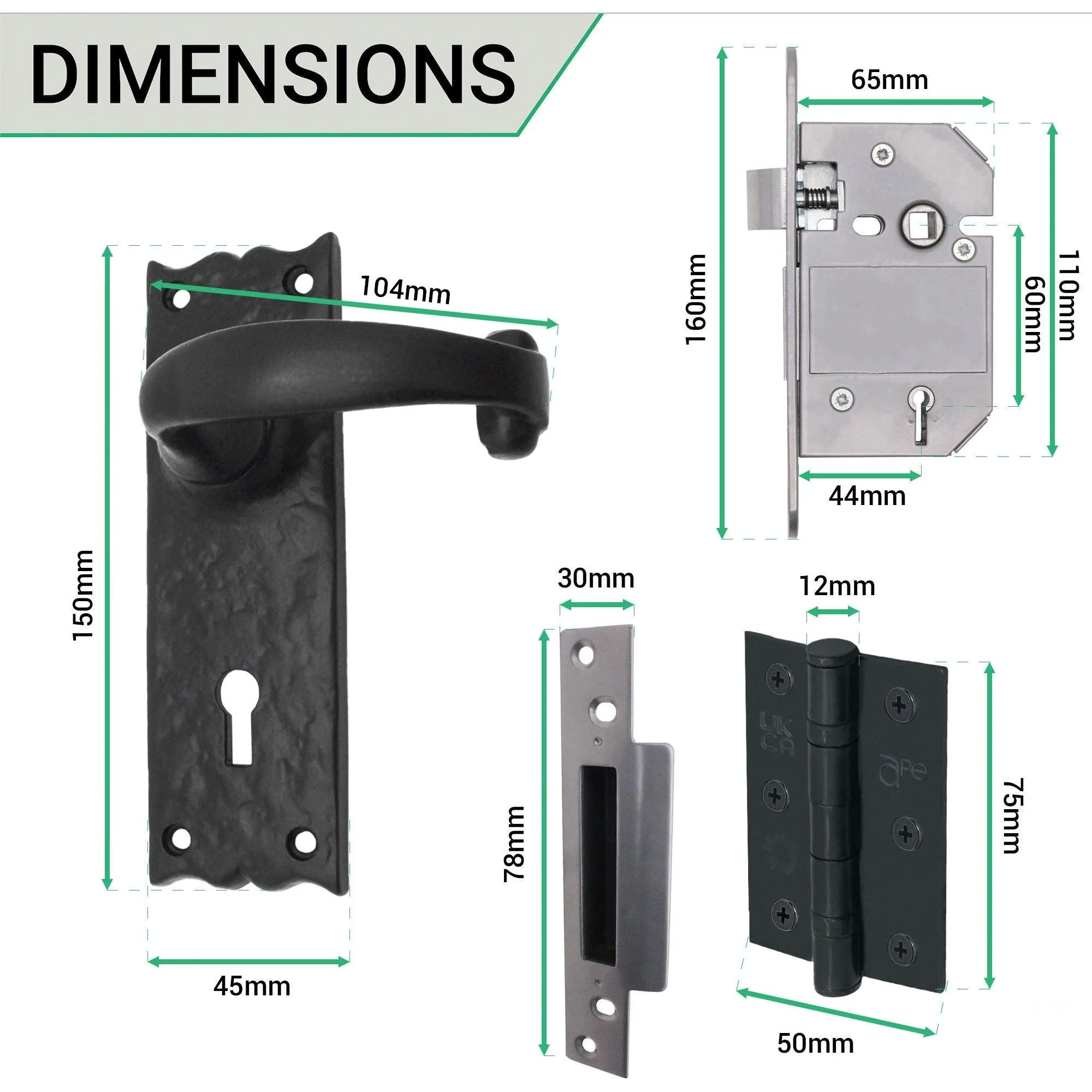 Black Iron Lever Door Handles on Backplate Traditional Canterbury Pattern 5 Lever Lock Pack - 150 x 47mm - 65mm Lock & 76mm Hinge- Black Antique Iron - Image 4