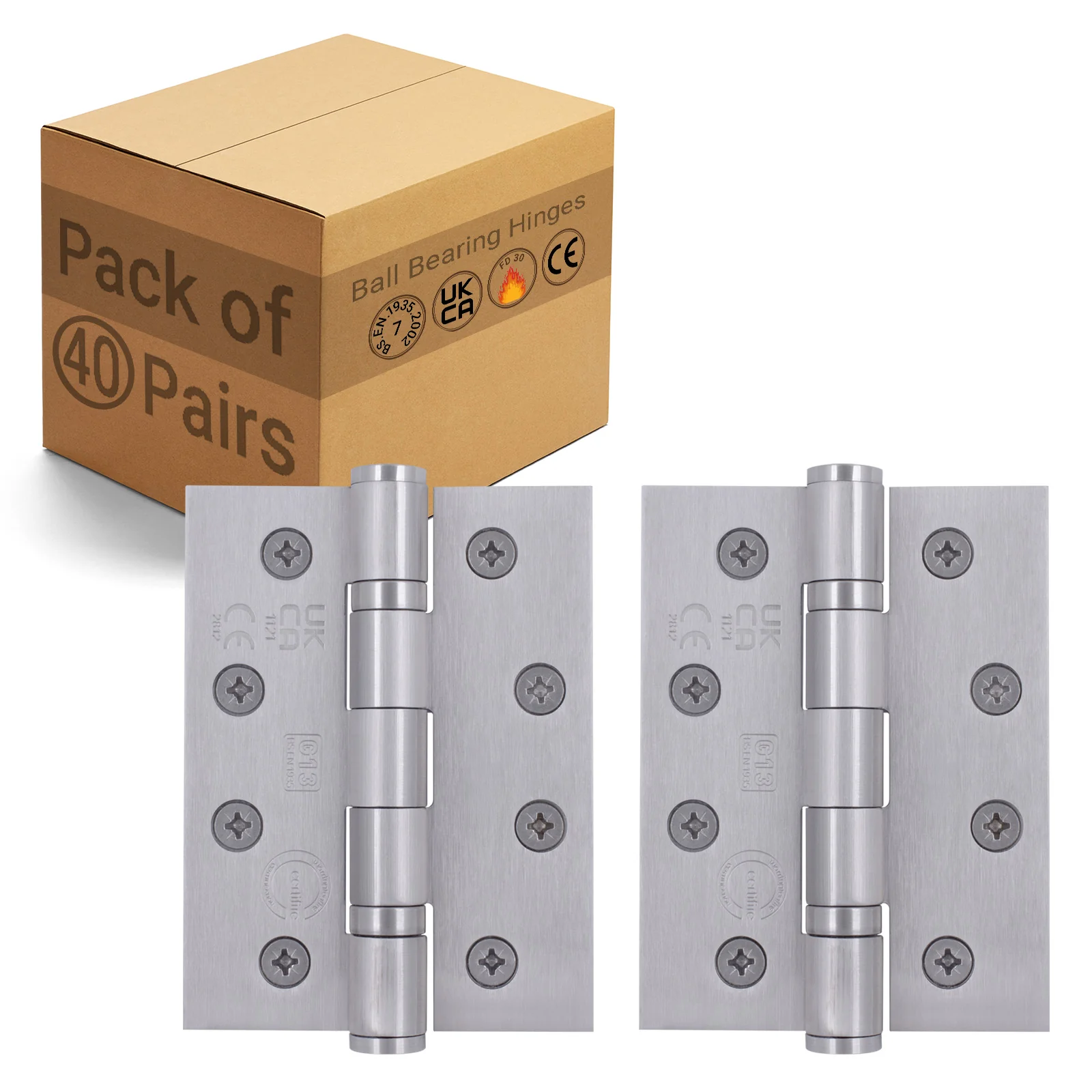 Case 40 Pairs Fire Door Hinges 4" Stainless Steel Grade 13 Square Corner - 102x76x3mm