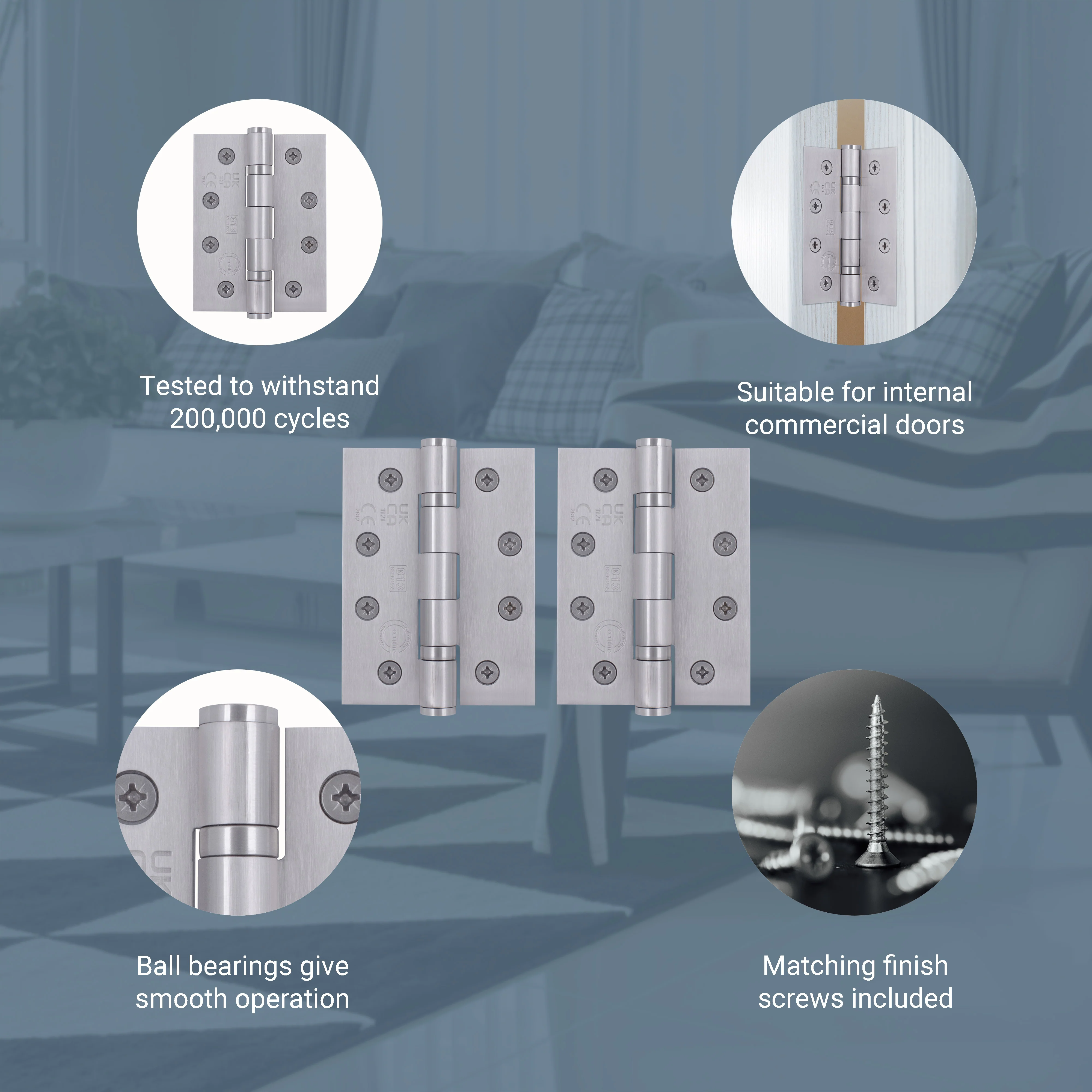 Case 40 Pairs Fire Door Hinges 4" Stainless Steel Grade 13 Square Corner - 102x76x3mm - Image 4