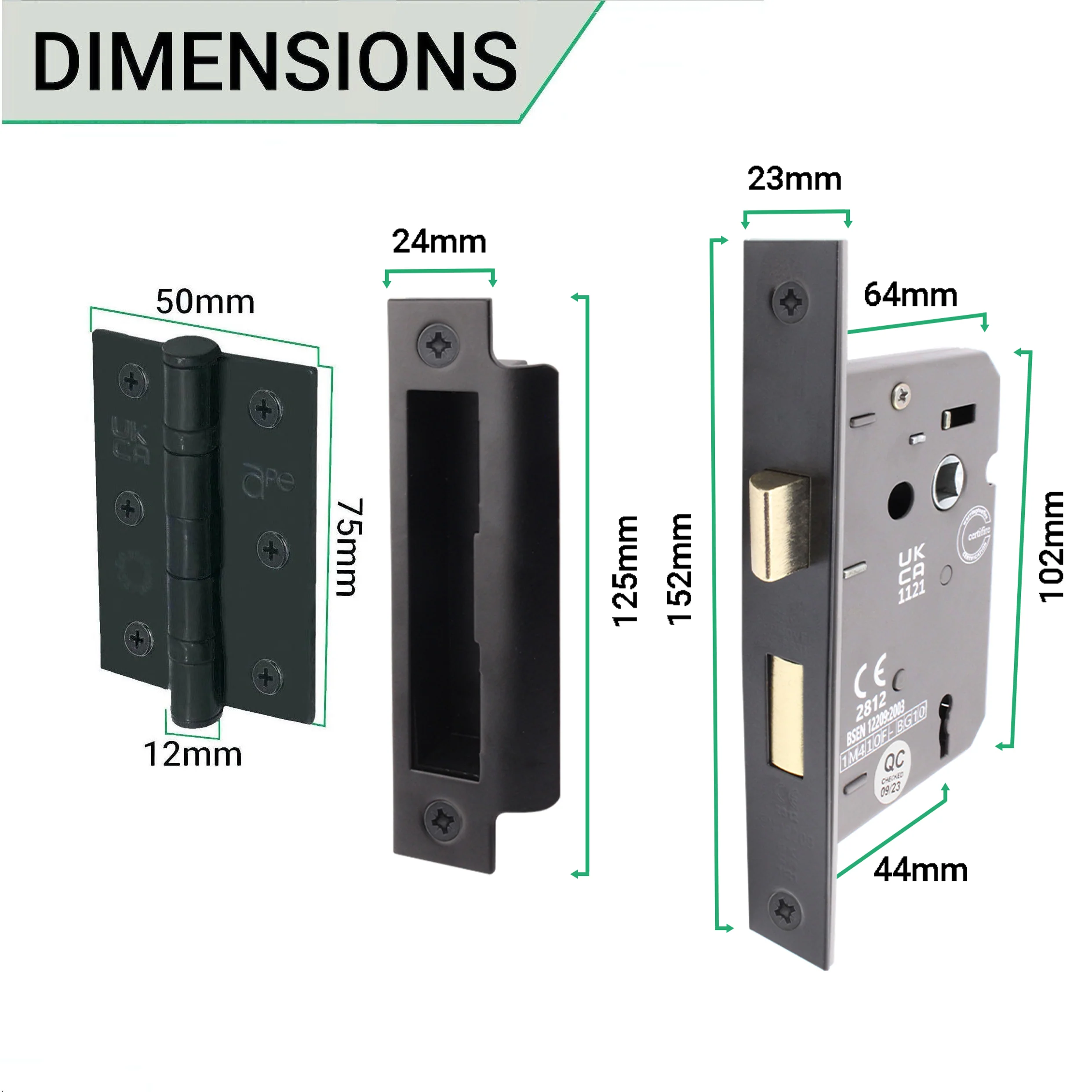 Curly Black Antique Lever on Backplate Sash Lock Kit / Pack - 64mm Lock - 76mm Hinges - Black - Image 3