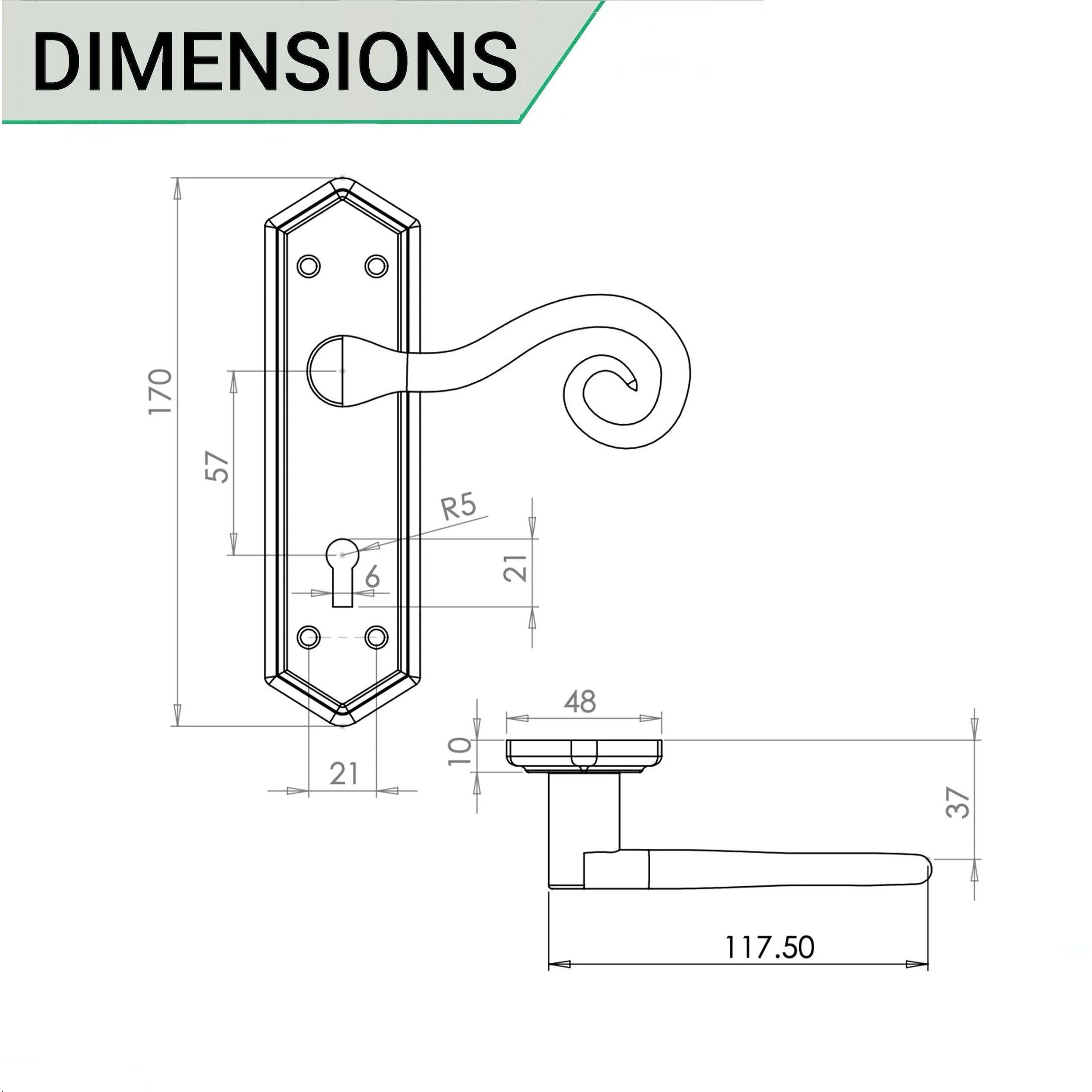 Curly Black Antique Lever on Backplate Sash Lock Kit / Pack - 64mm Lock - 76mm Hinges - Black - Image 4