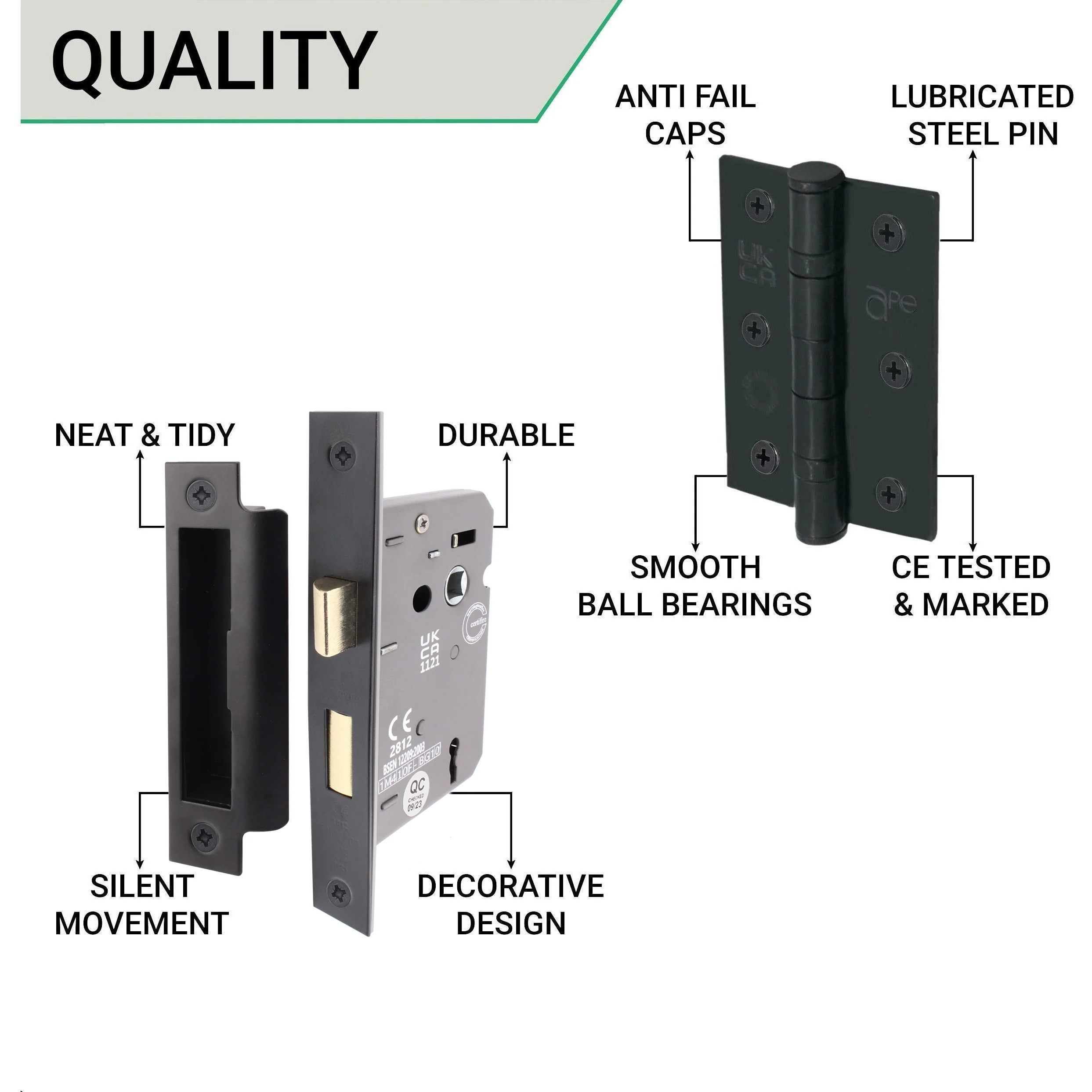 Curly Black Antique Lever on Backplate Sash Lock Kit / Pack - 64mm Lock - 76mm Hinges - Black - Image 5