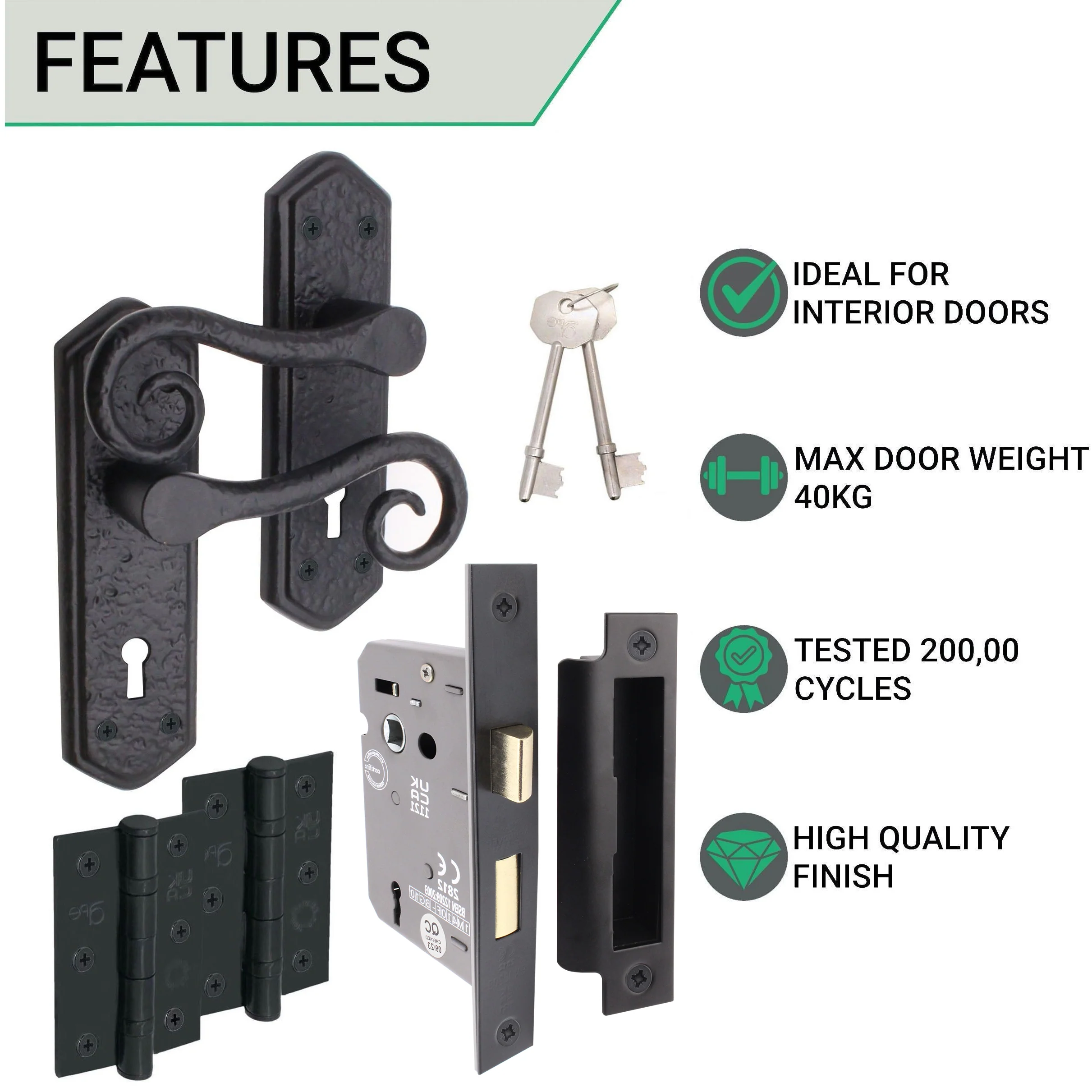 Curly Black Antique Lever on Backplate Sash Lock Kit / Pack - 80mm Lock - 76mm Hinges - Black - Image 2
